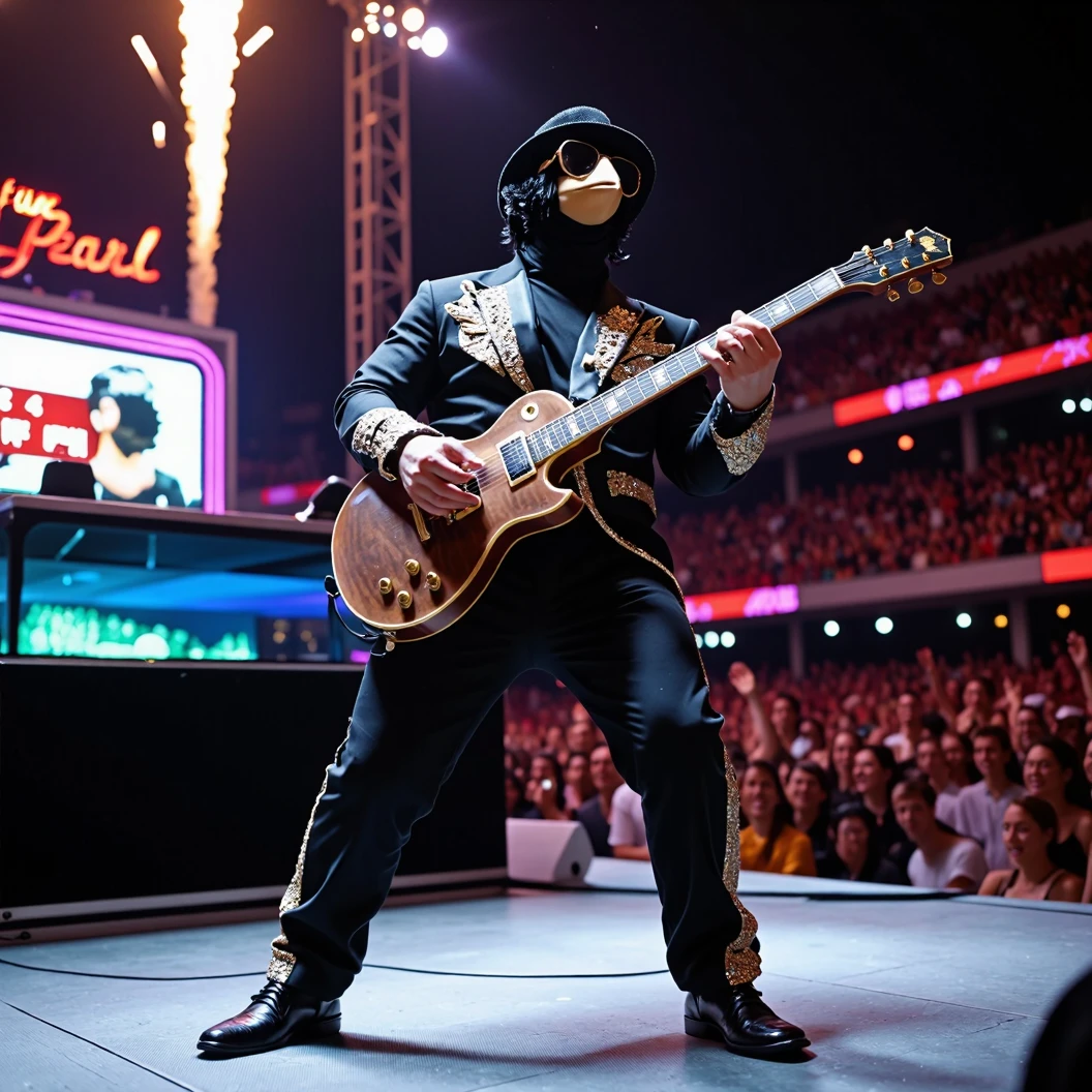 Muscular Anthropomorphic raven donned in intricate black suit with gold trim made of diamonds and a black diamond fedora. Diamonds cover his beak. Dynamically singing and guitar playing. Wears large sunglasses. Obsidian, the lead singer and guitarist of the "Obsidian Flow Project", printed on the bass drum. Dynamically sings to a retro style microphone while dynamically playing his guitar. Spotlight on him. Light show. Big Band Style. Behind the open air stage, a neon sign says "Live from Club Pearl". Fireworks burst. New Years Eve stadium concert, with a huge realistic crowd cheering at him. The phrase "Happy New Year, MAB!!!" flashes on the stadium jumbotron. Dynamic blues band scene, dynamic pose, High Resolution, Masterpiece, Cinematic, Character Design, Hyperdetailed, Cinematography,  cinematic lighting, Depth Of Field, Sparkle, Ray Tracing, Image Fill, Realistic posing