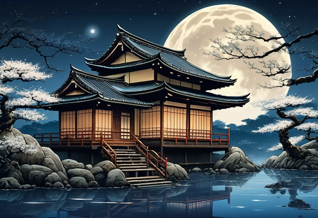 Japanese house painting under full moon,  Artwork inspired by Kano Hogai,  liquid metal, which has become a hot topic at , Ukiyo-e, Japanese art style, Japanese art, traditional Japanese art, old Japanese art, Japan at Night,  4k Highly Detailed Art , Japanese art art,  Animated Background Art , Highly detailed 4K art