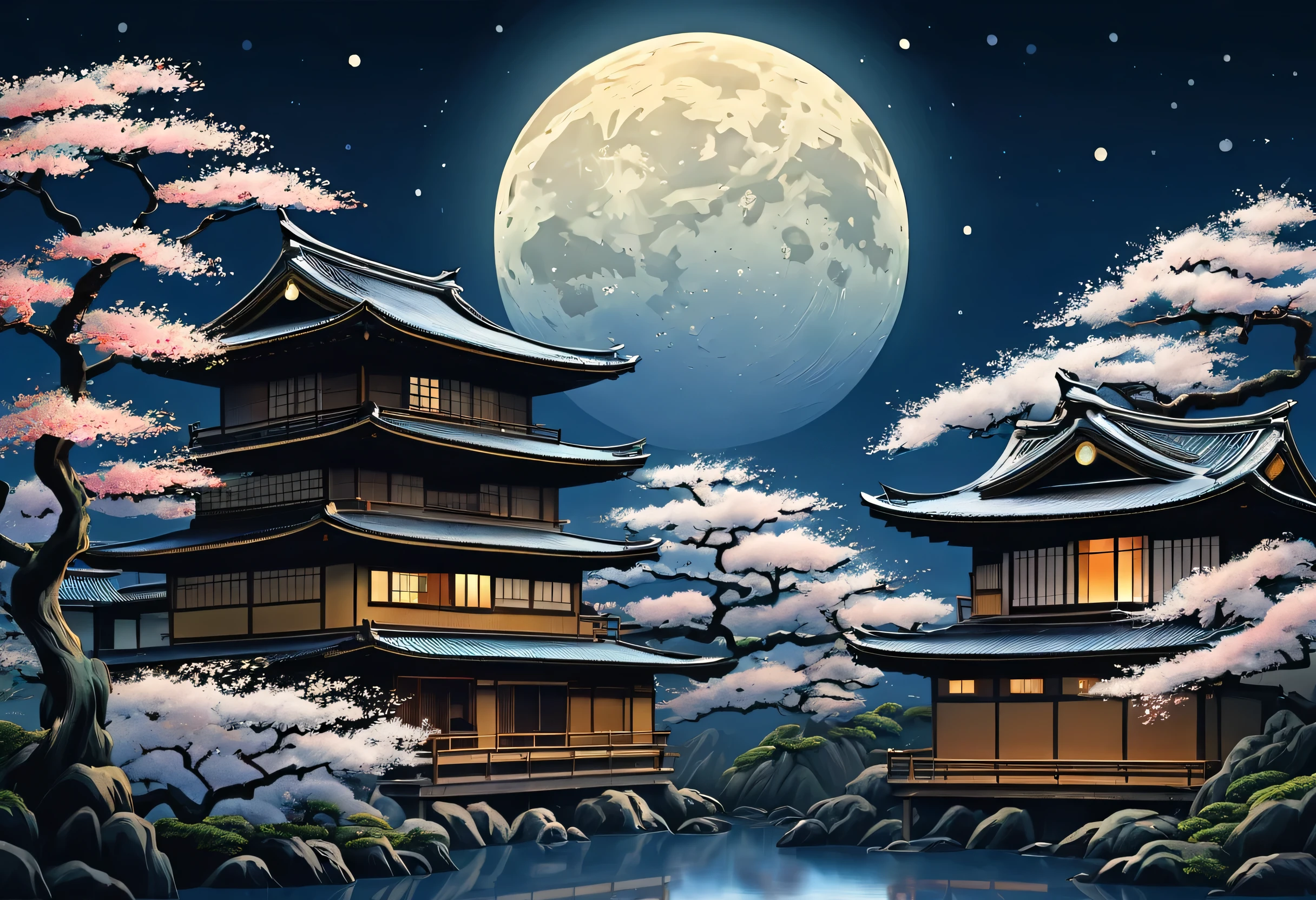 Japanese house painting under full moon,  Artwork inspired by Kano Hogai,  liquid metal, which has become a hot topic at , Ukiyo-e, Japanese art style, Japanese art, traditional Japanese art, old Japanese art, Japan at Night,  4k Highly Detailed Art , Japanese art art,  Animated Background Art , Highly detailed 4K art