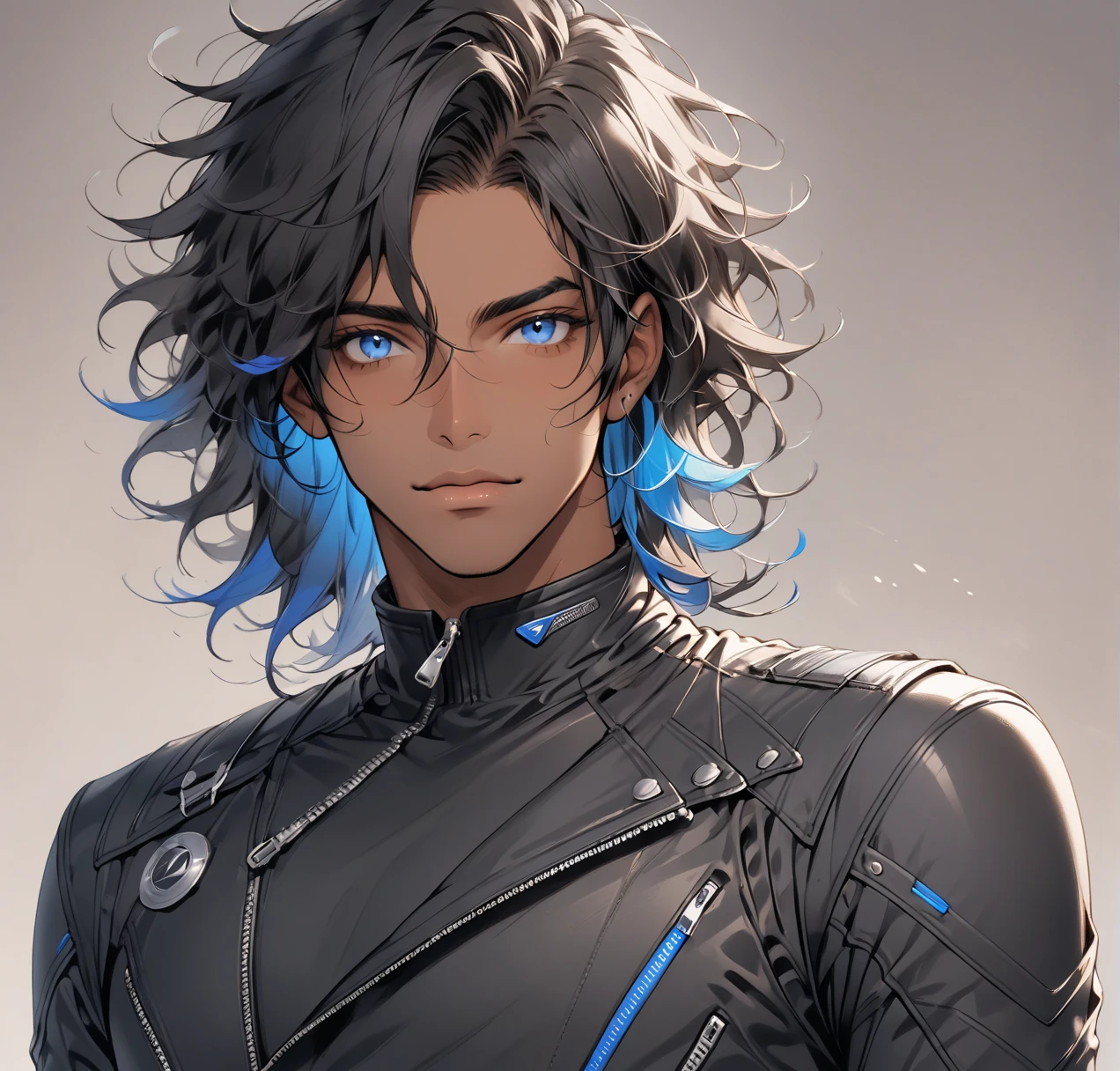 Male, appears 24 (5'6") delicately built with pronounced curves. Shoulder-length black hair with blue tips. Blue eyes. Tan, dark skin.biker clothes