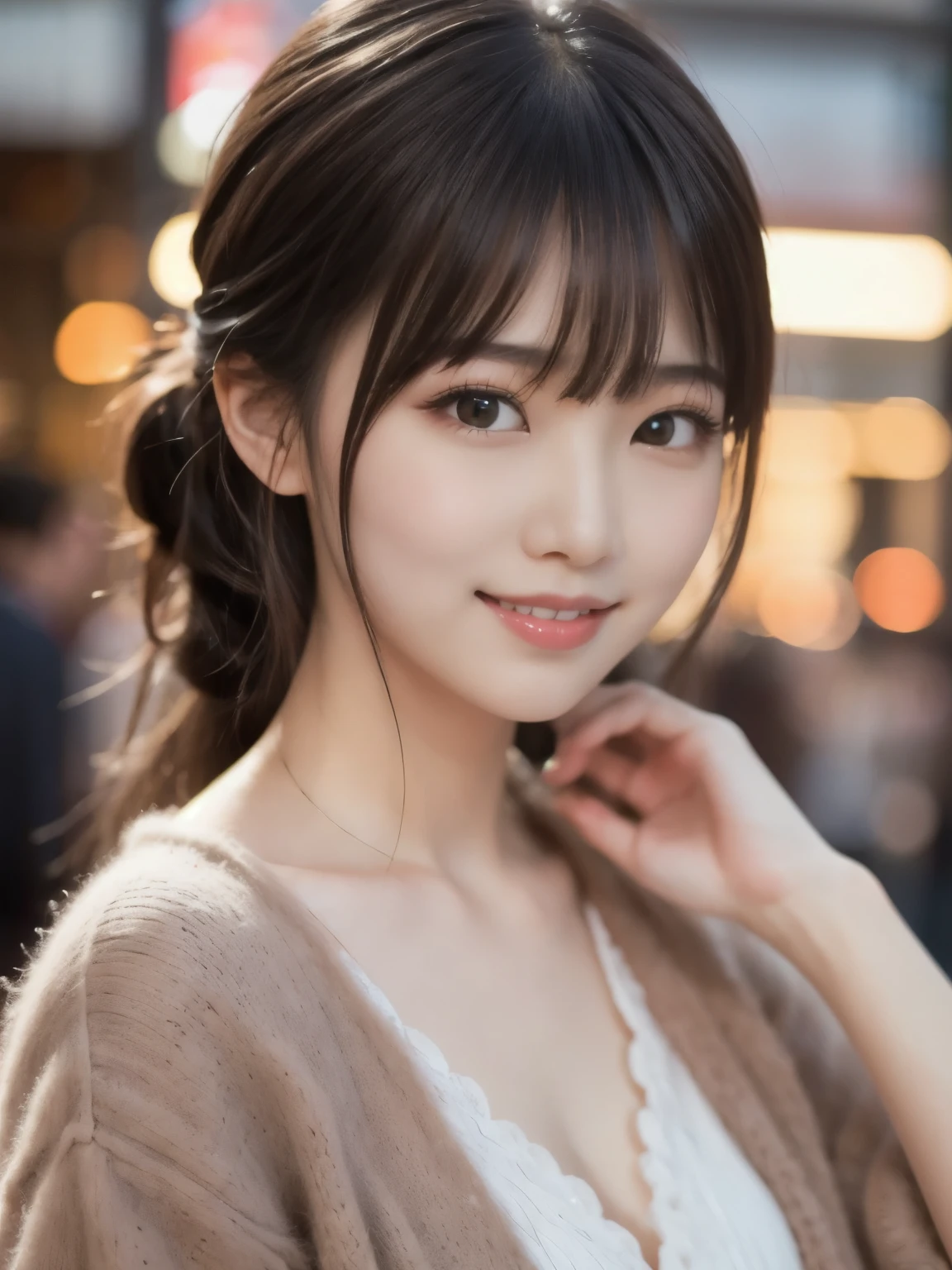 Araffe asian woman with long hair and a brown cardigan - SeaArt AI