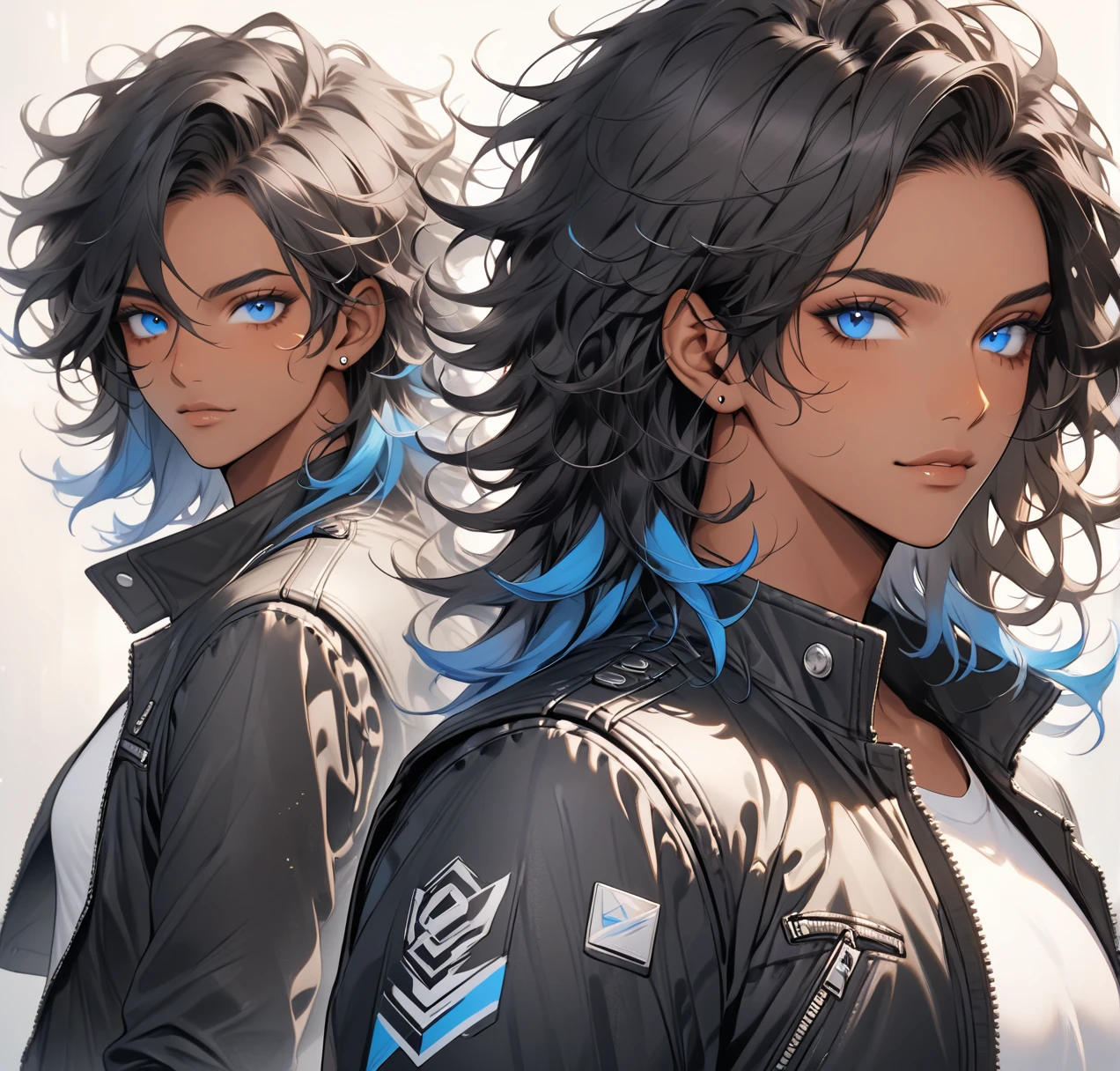 Feminine man, androgynous, appears 24 (5'6") delicately built with pronounced curves. Shoulder-length black hair with blue tips. Blue eyes. Tan, dark skin.biker clothes