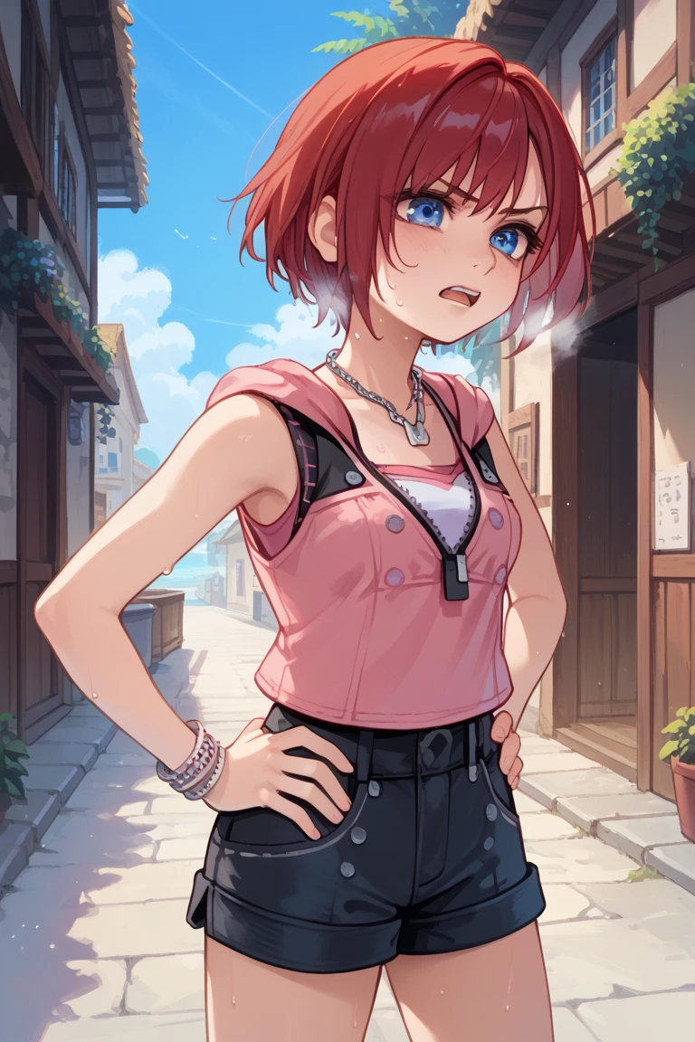 score_9, score_8_up, source_anime, highly detailed, 1girl, solo,
kairi, 1girl, solo, blue eyes, jewelry, boots, necklace, short hair, red hair, pink tanktop, black short shorts, half body,
outdoor, hands on hips, out of breath, sweaty, frustrated expression,  open mouth