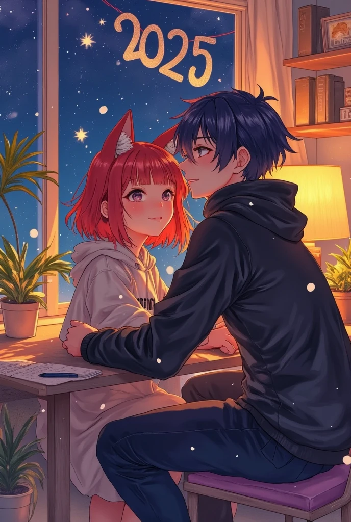 (masterpiece, top quality :1.2),beautiful hands,winter,snowy dark sky night,beautiful hands,very small new year party of one couple,a cute cat-eared girl/(red-brown hair,casual room wear),a human boy/(normal human,black hair,casual room wear),side by side,they are smile and talking ,there is a pen and 2025 year calendar on the table,seen from behind and over their shoulders,focus on the table,Hand-drawn illustration, Intense colors, stylish anime,peaceful happy moment,safe for work