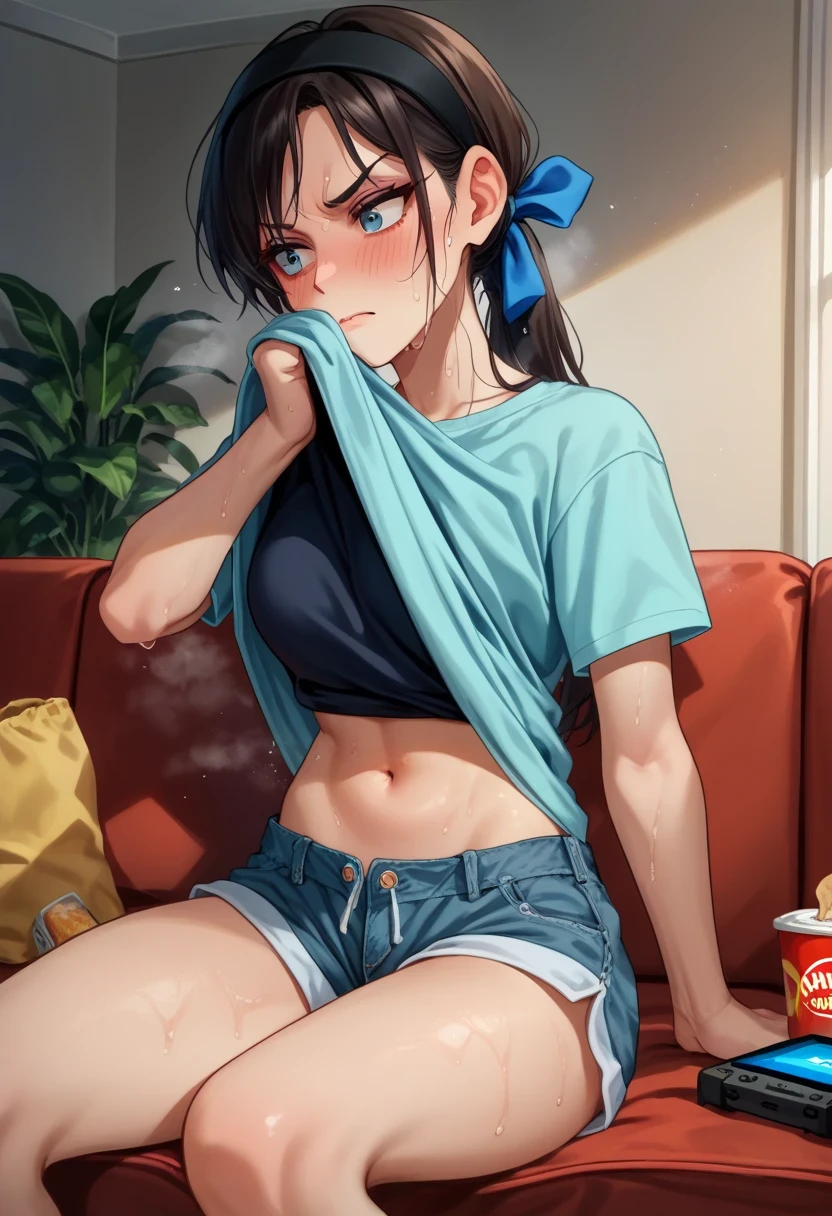 score_9, score_8_up, score_7_up, wiping face, wiping sweat, lifted by self, shirt lift, shirt, sweat, 1girl,  zeroElie, black hairband, hair ribbon, long hair, casual, sitting, couch, indoors, blush, in heat, steaming body, indian style, lotus position, full body, shorts, on couch, annoyed, handheld game console, popcorn, potato chips,