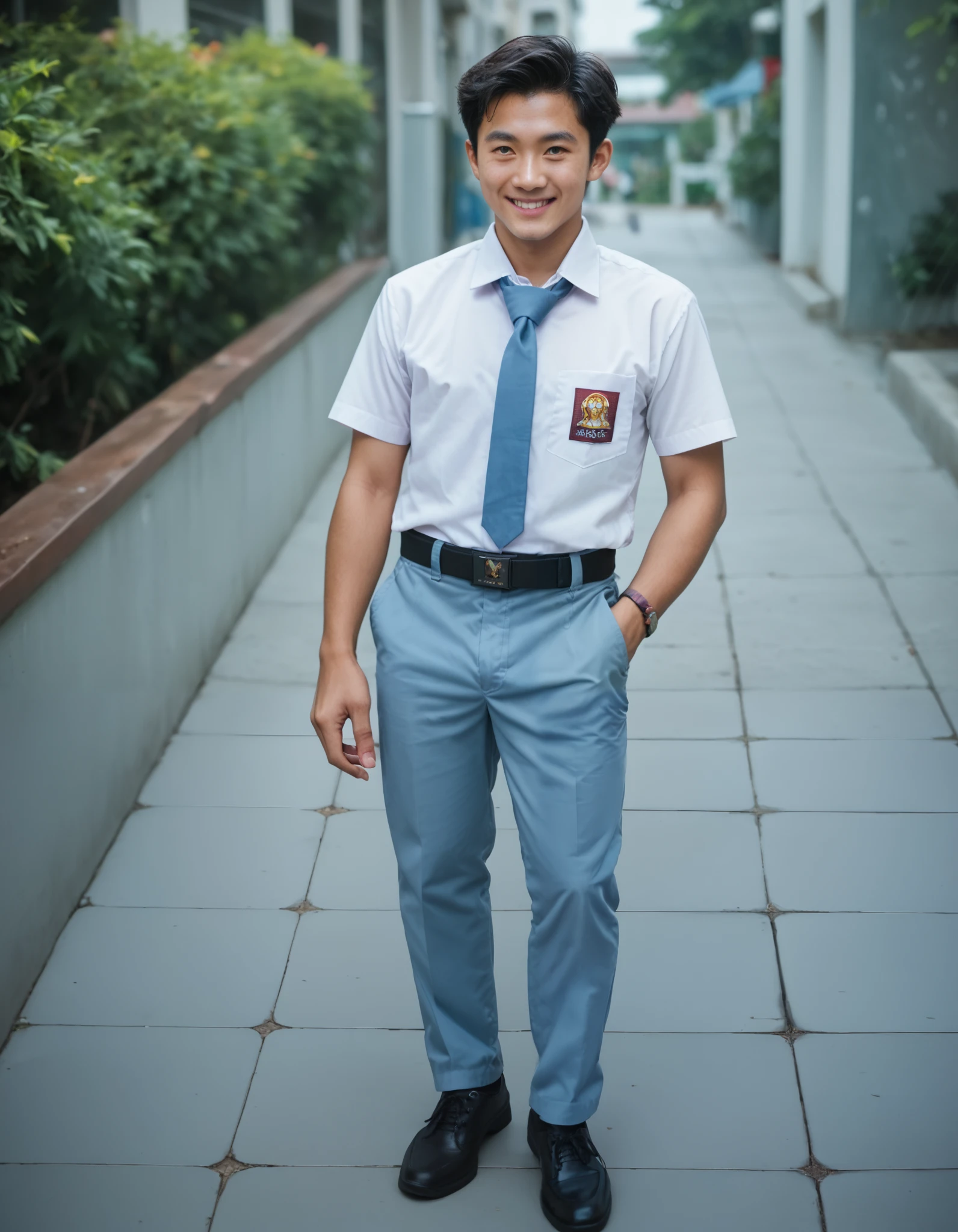 Masterpiece, hd, realistic, Asian, best quality,1boy, male focus, black hair, yellow eyes, short hair, streaked hair, smile, Indonesia high school uniform, wearing white collared shirt, short sleeves, light blue trousers, long pants, light blue neck tie, pocket, school logo on pocket, wearing black belt, wearing black shoes, fullbody, outdoor,  smile, closed mouth,  standing, cowboy shot