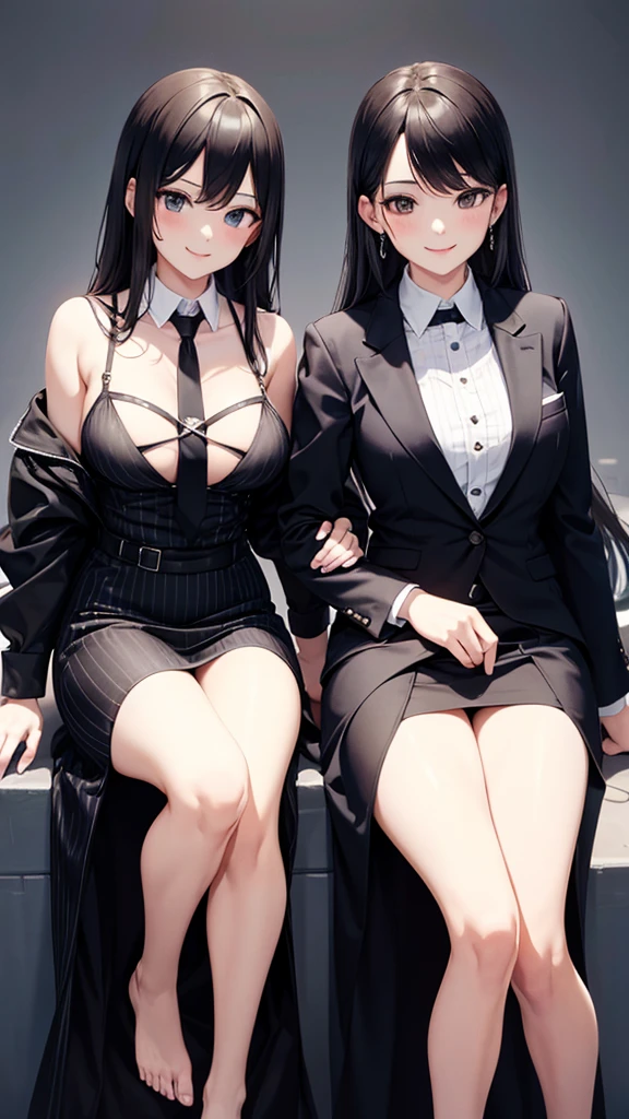 a handsome young man, in a nice looking suit, sitting on a chair with two beautiful woman with big breast in black lingerie posing i front of him