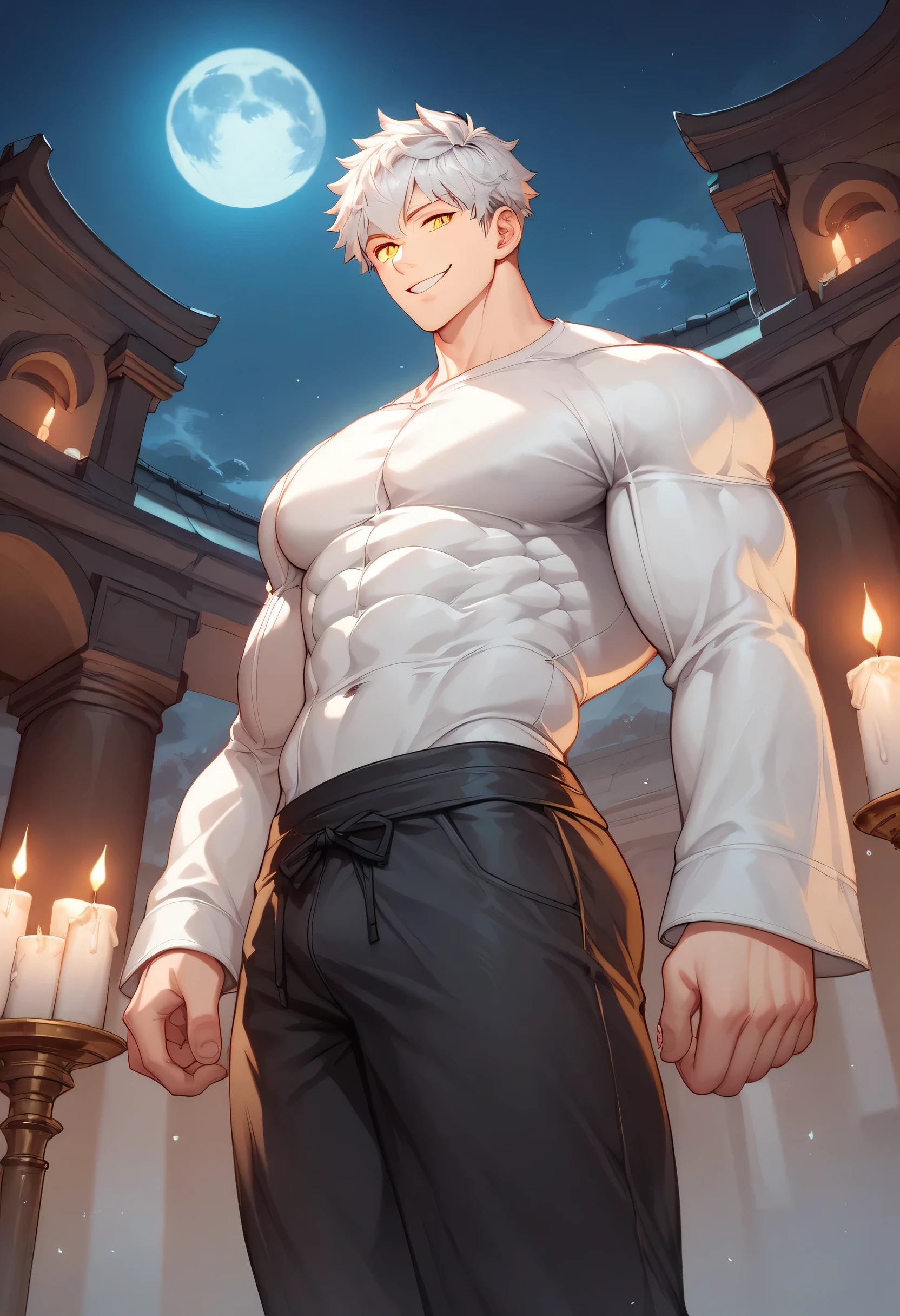 score_9, score_8_up, score_7_up, score_6_up, 1boy, solo, straight hair, short hair, White-silver hair, goldeng eyes, muscular, gigachad, white shirt long sleeves with loose sleeves, loose black cloth pants, greek temple, standing, looking at viewer, smile, lit candles, night, full moon.