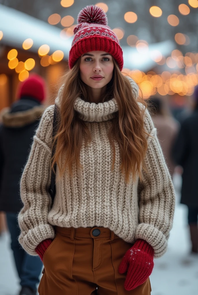 a girl standing in the street, latin girl, wearing a beanie, realisitc, photo