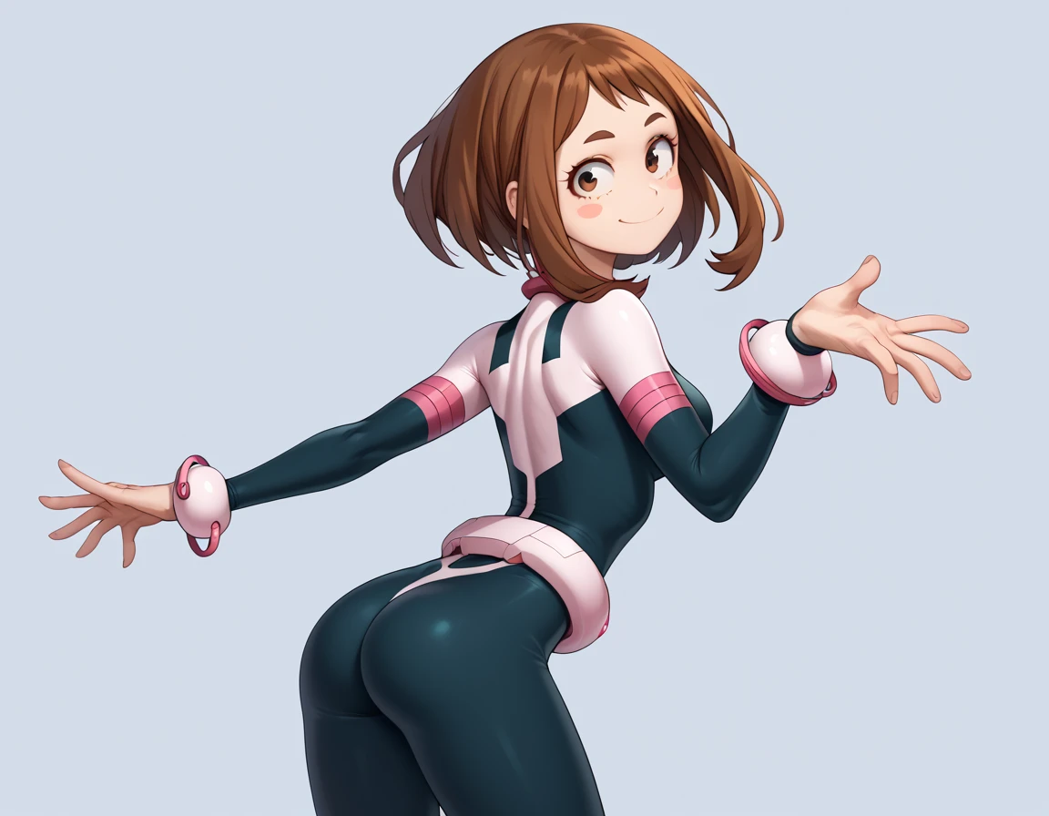 Really embarrassed tomboy Slim girl, with short gray curly hair, brown skin and glasses, In pink body paint , full body, Gymnastics poses, View from back