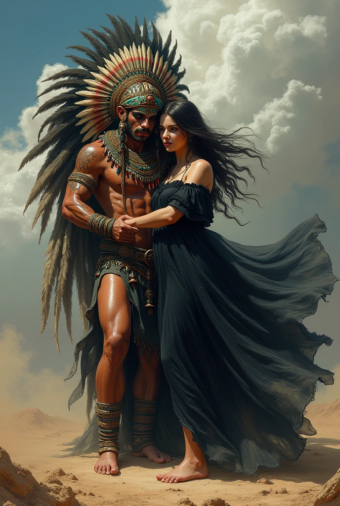 Aztec warrior woman proudly carrying her ichcahuipilli at her side Jaguar warrior man carrying his ichcahuipilli behind them the dioses Huitzilopochtli and Chalchiuhtlicue