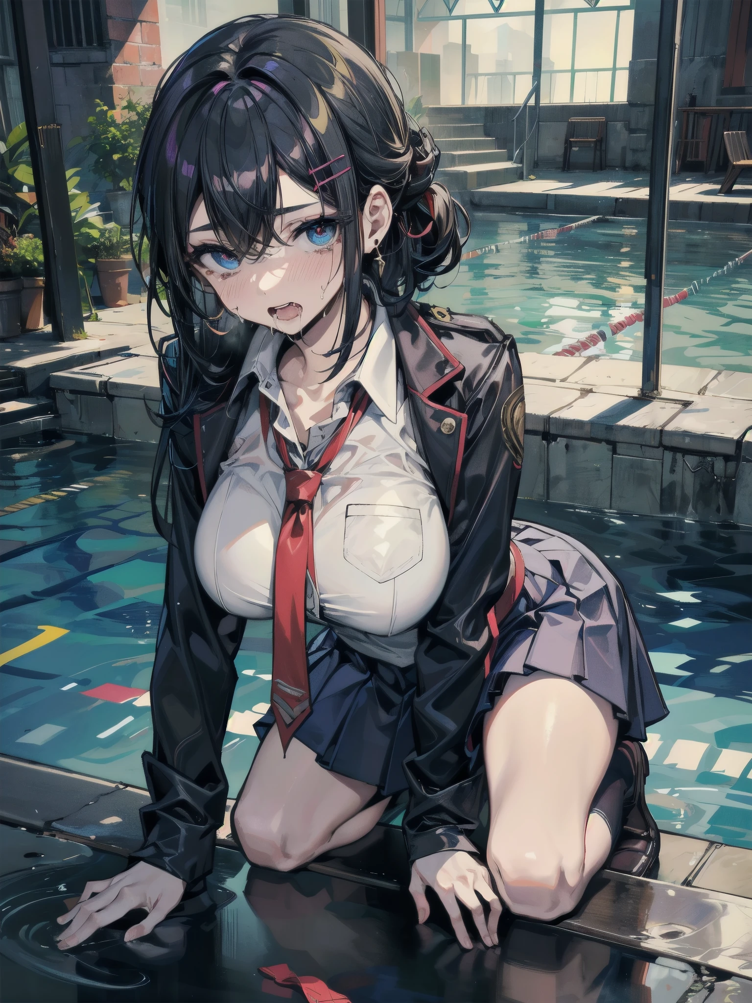best quality, masterpiece, ultra high res, detailed background, realistic, 1girl, solo, female, muscular, mature female, long hair, black, straight, bangs, makeup, sitting on a chair, legs open, showing panties, seductive scene, sticky school clothes, wet breasts, open mouth, serious face, sexy beak, beautiful eyes, well done, clear black eyes, blue eye pupils, erotic expression,  school, real shadow and light, depth of field, huge boobs, torn clothes, torn bra, uderboob, looking at the viewer, strong wind in the face, strong wind in the hair, loose hair, Dark Signer Carly Nagisa, Konosuba, sweaty, wet, sexy, flushed, embarrassed, moaning, ((thick white liquid on the breasts)), (((very sweaty)) ((the body is dripping wet)) ((wet thighs)), ((spreading thighs)),  No mistakes, well detailed, extremely well done