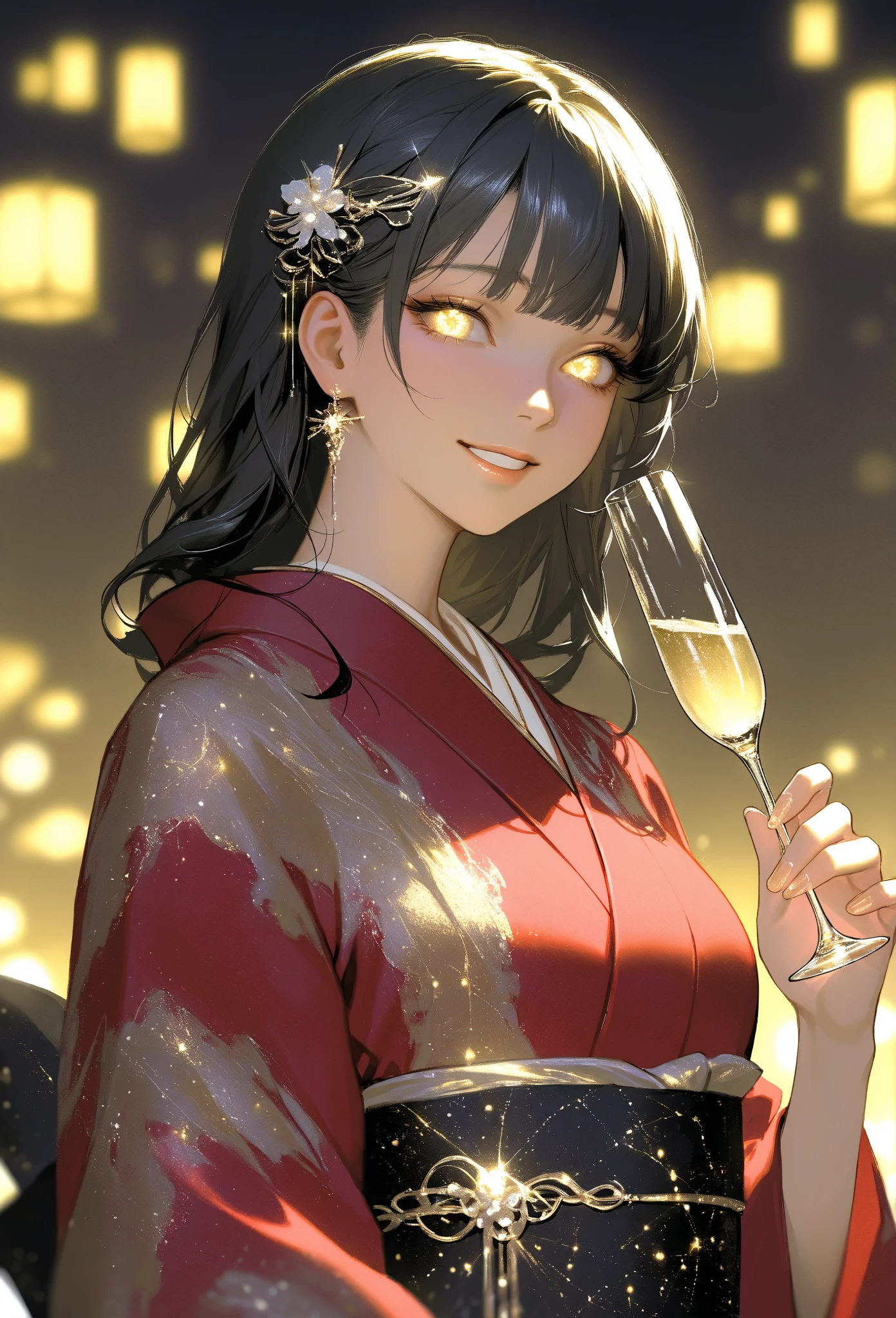 (masterpiece,  top quality ,  high res, 8k, 16k,   Details), An attractive and graceful beautiful woman with almond-shaped eyes and delicate lips, Vivid, A richly patterned silk kimono that features prominently. Her hair is intricately dressed with elaborate hairpins(masterpiece, best quality, high resolution, 8k, 16k, detailed), A beautiful and elegant Japanese woman with almond-shaped eyes and delicate lips, wearing a vibrant, richly patterned silk  kimono. Her black hair is intricately adorned with kanzashi pins. She holds a champagne flute and smiles at the viewer. A subtle sash adds to the elegance. The background features a traditional Japanese chiyogami pattern with delicate wave-like patterns in gold hues, enhanced by subtle golden light cascades.  The overall atmosphere is celebratory with a touch of classic Japanese beauty. "Happy New Year 2025!" in elegant Japanese script is subtly displayed. (1girl, japanese clothes, Alone,  kimono, smile, realistic, cup, black hair, holding, drinking glass, looking at viewer, blurry, alcohol, holding cup, grin, champagne flute, sash, upper body, red  kimono)