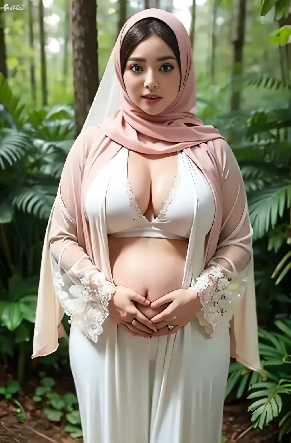 ((Best Quality, 8k, Masterpiece:1.3))), Crisp Focus: 1.2、(Layer Cut, Big:1.2),Beautiful Woman with thicc Figure: 1.4、thicc Abs:1.2、Wet Body:1.5、Highly Detailed Face and Skin Texture、Detailed Face、Detailed Eyes、Detailed Lips、Double Eyelids, japanese face, j-pop idol face, women in hijabs pose for a picture in front of a forest, thick neck, thicc, sie boob, women full body, exposed breasts, wearing tight bride clothes, lace bra, lace pants, combined pink and white clothes, weeding ring, middle body shot, pregnant, hijab, queen crown in top of hijab, 1girl, large breasts size, 70mm, bokeh, NSFW, ultra realistic, Looking at the camera, formal pose, Symmetrical pose, standing pose, Queen of Spades tattoo on breasts, Succubus tattoo on womb, moles, 30 years old.