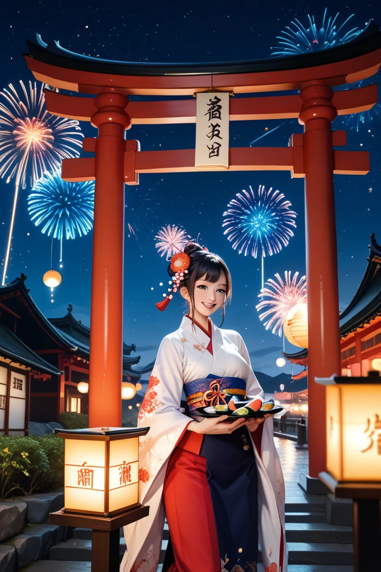 A serene Japanese-themed night scene featuring the silhouette of traditional torii gates against a starry sky. In the foreground, a beautifully arranged platter of sushi with vibrant colors, illuminated softly by warm golden light. The background showcases festive fireworks in the night sky, adding a celebratory touch. Sakura branches frame the scene subtly on the sides, enhancing the Japanese aesthetic. The ambiance is elegant and festive, perfect for a New Year celebration.