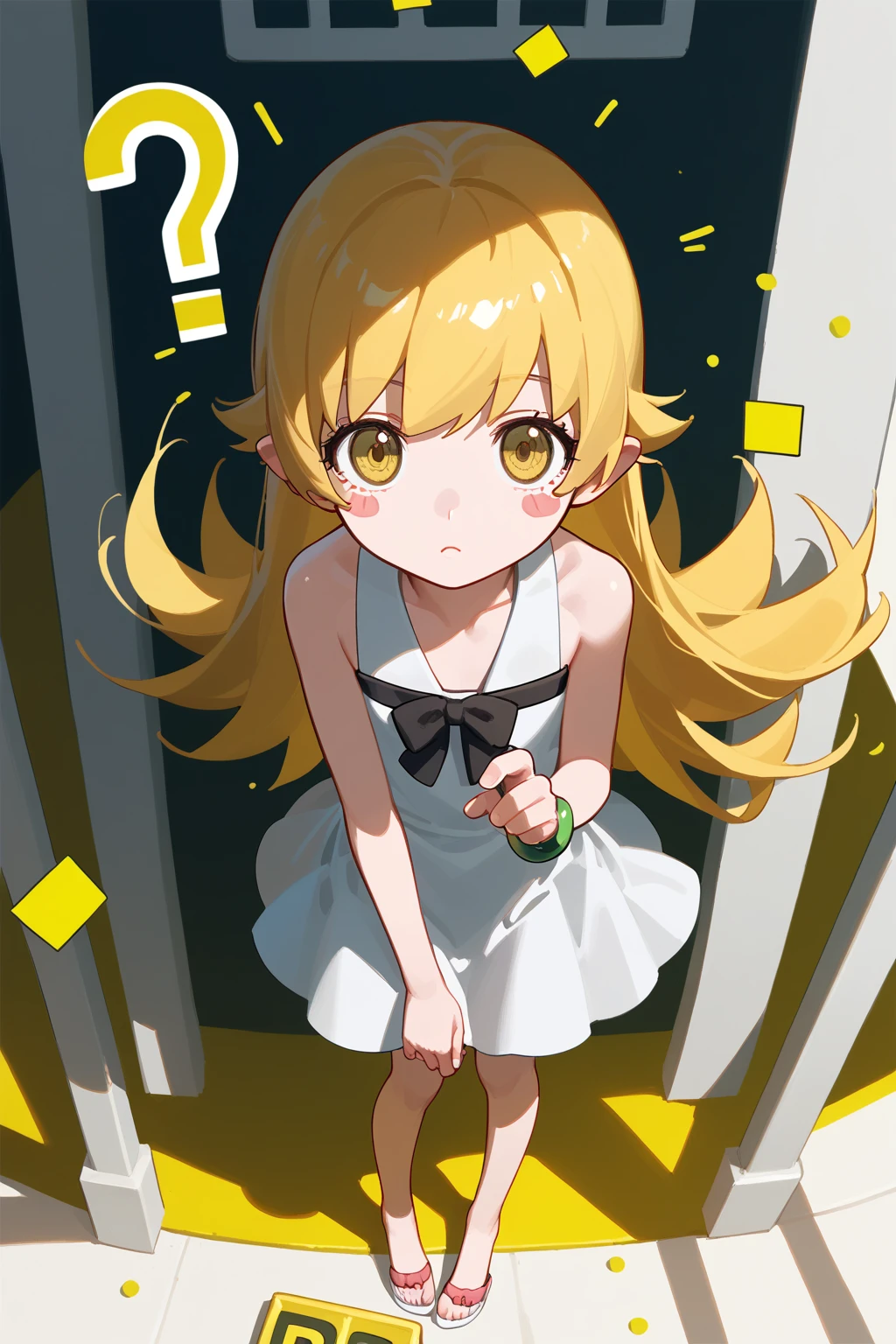 (punctuation_9,punctuation_8_High above,punctuation_7_High above,),oshino shinobu,long hair,standing alone,hair blonde,yellow  eyes,pointy ears,don,white don,blush stickers,bare shoulders,barefoot,Focus on the feet,sitting down,
