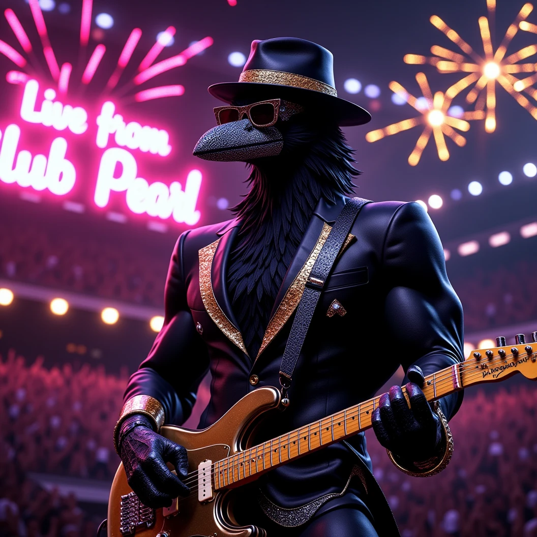 Muscular Anthropomorphic raven donned in intricate black suit with gold trim made of diamonds and a black diamond fedora. Diamonds cover his beak. Dynamically singing and guitar playing. Wears large sunglasses. Obsidian, the lead singer and guitarist of the "Obsidian Flow Project", printed on the bass drum. Dynamically sings to a retro style microphone while dynamically playing his guitar. Spotlight on him. Light show. Big Band Style. Behind the open air stage, a neon sign says "Live from Club Pearl". Fireworks burst. New Years Eve stadium concert, with a huge realistic crowd cheering at him. The phrase "Happy New Year, MAB!!!" flashes on the stadium jumbotron. Dynamic blues band scene, dynamic pose, High Resolution, Masterpiece, Cinematic, Character Design, Hyperdetailed, Cinematography,  cinematic lighting, Depth Of Field, Sparkle, Ray Tracing, Image Fill, Realistic posing