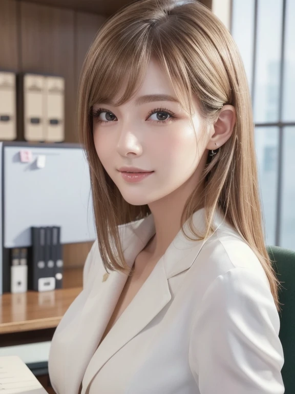 (RAW Photos, Highest quality), (Realistic, photo-Realistic:1.3), masterpiece, Very delicate and beautiful, Very detailed, CG, Unity , 2k wallpaper, wonderful, In detail, A light smile, Very detailed CG Unity 8k wallpaper, Large file size, Very detailedな, High resolution, Absurd, Soft Light, (((Medium Hair:1.3), Short bangs, Nova Frog Style)), Beautiful detailed girl, Detailed fingers, Very detailed eyes and face, Beautiful and sophisticated nose, Beautiful details, Long eyelashes, Light on the face, View Audience,((Office Suits:1.5)), One Girl, cute, young, Adult face, (whole body:1.3),  Realistic face, Realistic body, Beautiful thigh detail, 