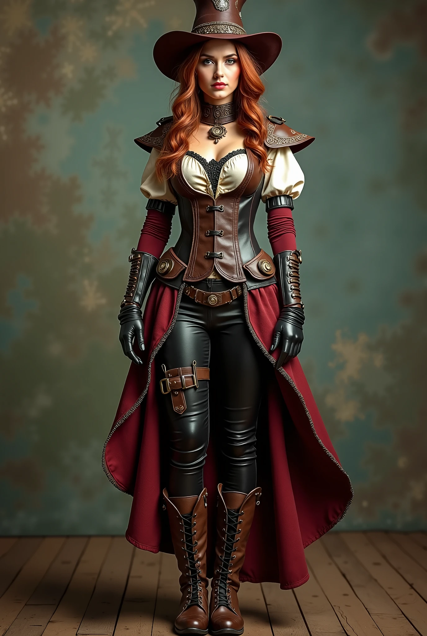 medieval RPG character painting, long wind blown flowing ginger hair, red & black swashbuckler rogue corset, metal pauldrons, saber on belt, black leather strappy pants, (straps buckles:1.2) armor, red lips, green eyes, elegant pendant, standing inside ancient hallway, dynamic pose, (masterpiece:1.4) (best quality:1.4) (8k) (HDR) (wallpaper) (cinematic lighting) (sharp focus) (intricate) (painterly) Style-Sylvamagic