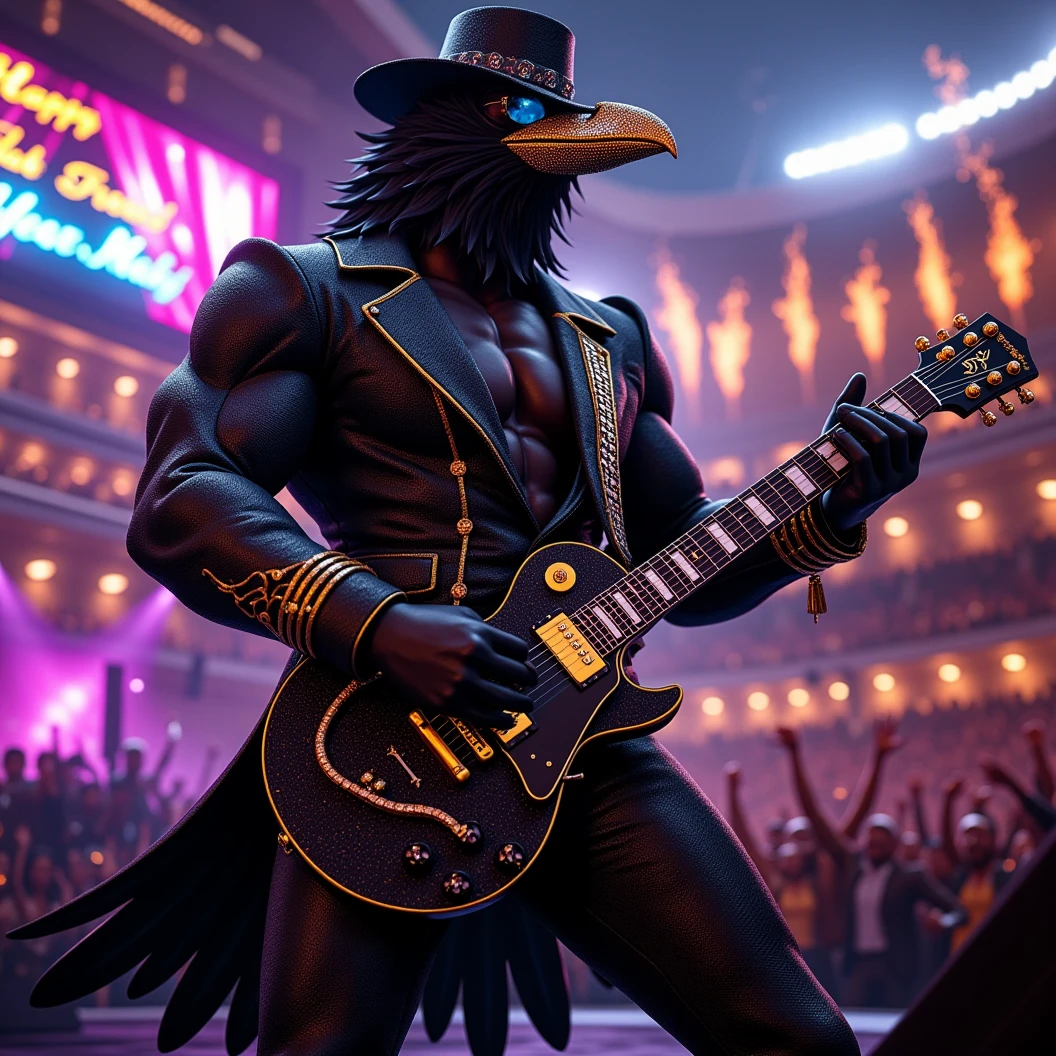 Muscular Anthropomorphic raven donned in intricate black suit with gold trim made of diamonds and a black diamond fedora. Diamonds cover his beak. Dynamically singing and guitar playing. Wears large sunglasses. Obsidian, the lead singer and guitarist of the "Obsidian Flow Project", printed on the bass drum. Dynamically sings to a retro style microphone while dynamically playing his guitar. Spotlight on him. Light show. Big Band Style. Behind the open air stage, a neon sign says "Live from Club Pearl". Fireworks burst. New Years Eve stadium concert, with a huge realistic crowd cheering at him. The phrase "Happy New Year, MAB!!!" flashes on the stadium jumbotron. Dynamic blues band scene, dynamic pose, High Resolution, Masterpiece, Cinematic, Character Design, Hyperdetailed, Cinematography,  cinematic lighting, Depth Of Field, Sparkle, Ray Tracing, Image Fill, Realistic posing