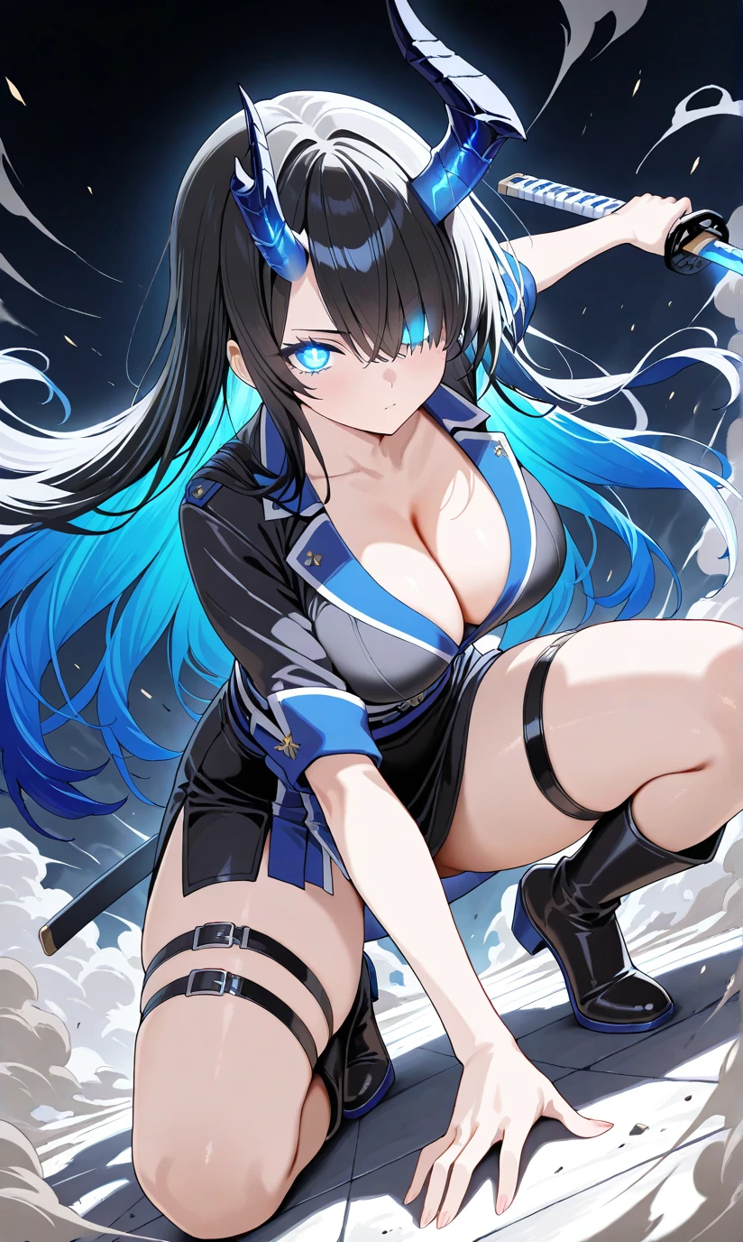 1girl,solo, looking at viewer, detailed eyelashes, twisted horn, collarbone, blue eyes, any expressions,glowing eyes, outlined pupils, long hair, breast, hair over one eyes, black hair, hand on ground, action pose, holding katana, dynamic pose, Thighs,dutch angle,knee high boots,thigh straps, smoke, dust, high visual,vivid color