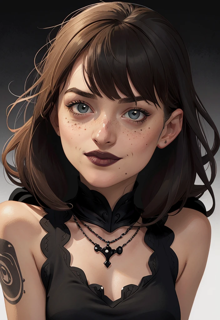 closeup of a woman in a black top and a black bra, estilo de arte de charlie bowater, Estilo Charlie Bowater, retrato de vampiro, arte do personagem charlie bowater, Alena Aenami e Artgerm, Neoartcore e Charlie Bowater, Charlie Bowater cores ricas e profundas, lazy art style, Artgerm e Tom Bagshawum close de uma mulher com longos cabelos pretos e um colar, amoranto, Bela Delfina, mais conhecido como amoranto, Kailee Mandel, cabelo preto e olhos grandes, profile picture with headshot, jovem linda amoranto, pale and glowing skin, retrato de alta qualidade, com cabelos longos e olhos penetrantes, skin pale as ivory, Sydney Hanson mode white skin tone close-up portrait cartoon style GTA style digital illustration of a woman in a black dress and black hair, linda rainha vampira, linda rainha feminina vampira, gothic maiden, very beautiful gothic top model, beautiful vampira feminina, goth girl, goth girl, gothic maiden of the dark, Gothic style, gothic woman, gothic clothes, gothic outfit, moda vampiro, vampira feminina, wearing a gothic dress Close-up of a woman with long hair and a sweater, cabelo castanho encaracolado, linda modelo, retrato de alta qualidade, medium portrait soft light, parece a jovem liv tyler, retrato colorido, linda mulher, cabelo loiro cacheado | d & d, beautiful portrait lighting, uma linda jovem, modelo muito lindo, Retrato de 50mm, Character style illustration style Completely bare breasts showing small fear Breast size Cartoon name: Isabella Cruz white background medium breasts freckled face Jennifer Connelly actress strong contours Physical description - long straight hair, tingidos de um marrom vibrante que contrasta com sua pele clara. - You reflect a mix of curiosity and determination. - Ela tem uma estatura alta, with a slender and agile figure, evidenciando sua agilidade e destreza. -fundo colorido Design de personagens de retrato, beautiful digital illustration, retrato de alta qualidade, Arte em quadrinhos, Corpo inteiro sensualizando 