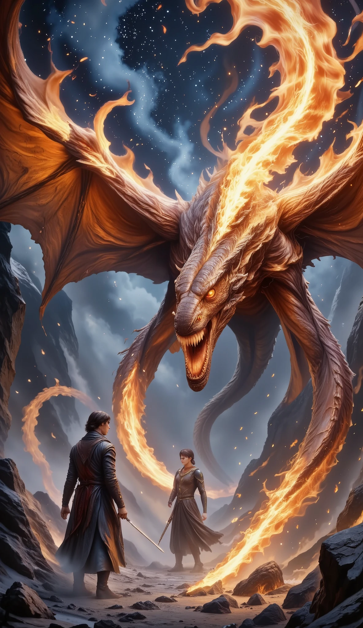 (Create an epic image of the popular game Dungeons and Dragons :1.5), ( Flying Dragon taking on a warrior in an epic battle, cliffs:1.6), Fire, masterpiece, hyper Detailed, Mystic, magic, por la noche, general plane , cinematic lighting, Ultra image quality, High Definition, 32k