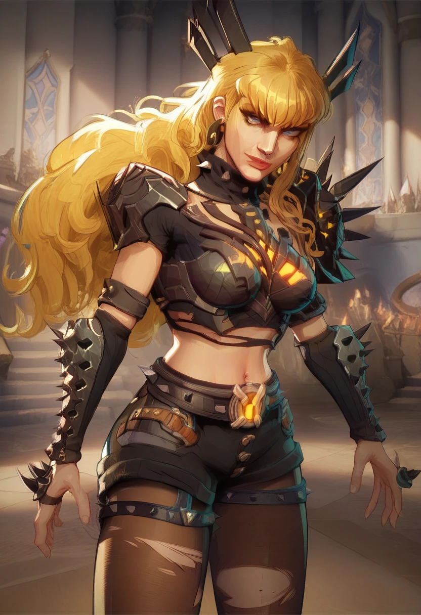 score_9, score_8_up, score_7_up, score_6_up, expressiveh, magik_rivals, 1girl, solo, blonde hair, long hair, hair accessory, eyeliner, blue eyes, earrings, cropped bodysuit, black bodysuit, armor, belt, gloves, black gloves, black clothes, pauldrons, vambraces, midriff, navel, short shorts, yellow details, pantyhose, ripped pantyhose, spikes, fantasy background, indoors, dynamic angle, dynamic pose, fantasy castle, posing, pose, looking at viewer, closed mouth, indoors, godrays, half-closed eyes, adult woman, elegant, breasts, seductive smile, teasing, dutch angle, cowboy shot, masterpiece, best quality, leaning forward, stickers,