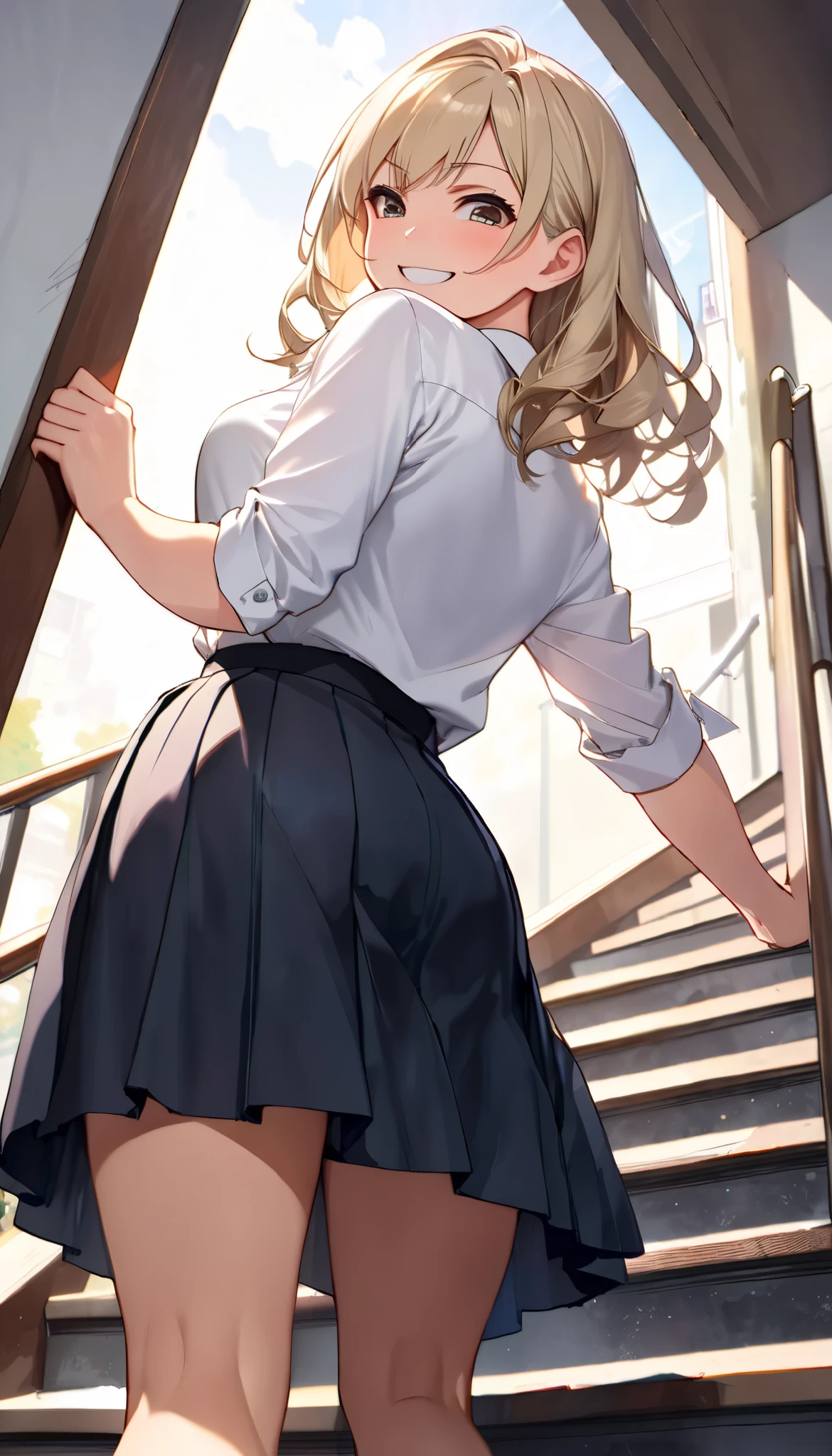 HDR, 8K, masterpiece, best quality, anime style BREAK girl with red plaid mini skirt, big chest, wearing long sleeve shirt, (wet clothes)、(view visible through clothes:1.0)、(view:1.0), black bra, wearing blue tights, perfect symmetry, long blonde hair, detailed purple eyes, high resolution eyes, BREAK ( ((view back:1.2)), ((From bottom :1.2) ) rest standing on a long, elegant staircase.