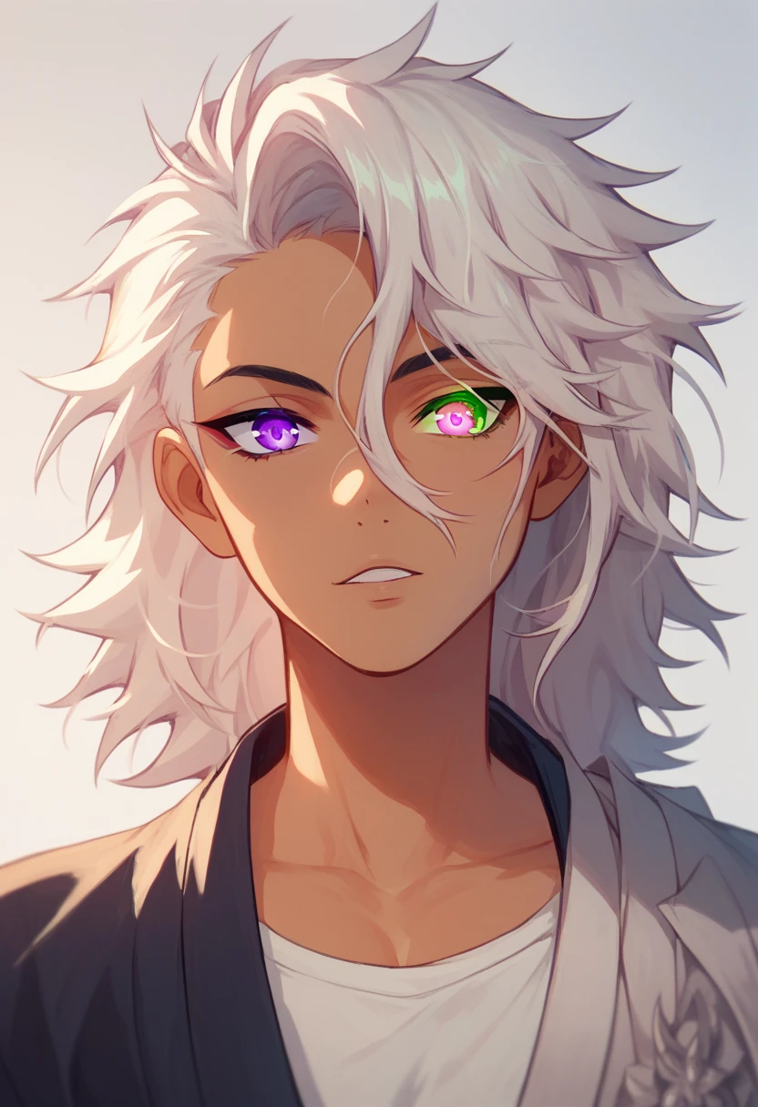 Tall tanned guy, white messy hair, heterochromia, purple eye, green eye,  glowing pupils, alchemist, Khaenri'ah Natlan Sumeru aesthetic, 