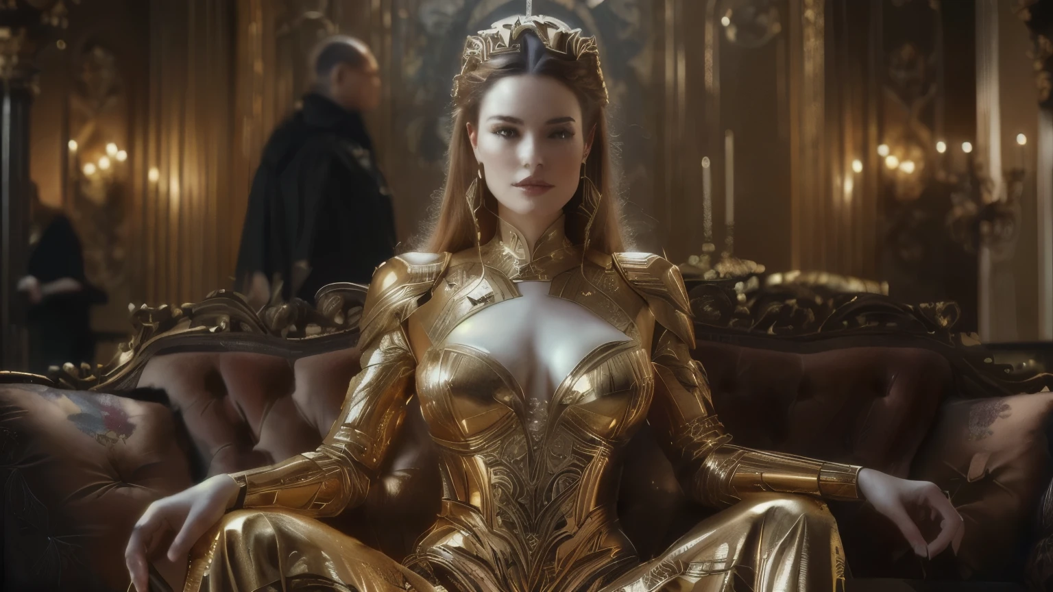 a woman in gold sitting on a couch in a room, karol bak uhd, [ trending on cgsociety ]!!, cgsociety masterpiece, karol bak and peter mohrbacher, cinematic goddess body shot, artgerm julie bell beeple, trending in cgsociety, gold sci - fi armour, cinematic goddess shot, fantasy woman