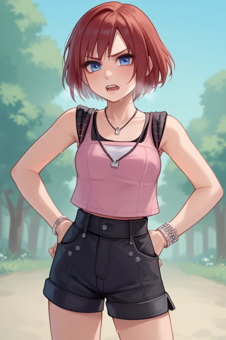 score_9, score_8_up, source_anime, highly detailed, 1girl, solo,
kairi, 1girl, solo, blue eyes, jewelry, boots, necklace, short hair, red hair, pink tanktop, black short shorts, half body,
outdoor, hands on hips, out of breath, sweaty, frustrated expression,  open mouth