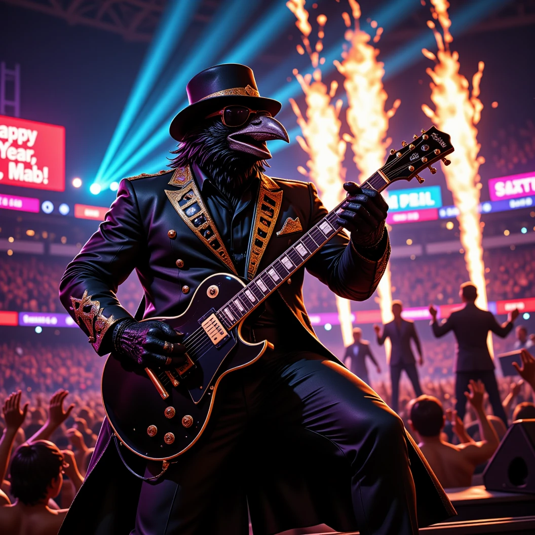 Muscular Anthropomorphic raven donned in intricate black suit with gold trim made of diamonds and a black diamond fedora. Diamonds cover his beak. Dynamically singing and guitar playing. Wears large sunglasses. Obsidian, the lead singer and guitarist of the "Obsidian Flow Project", printed on the bass drum. Dynamically sings to a retro style microphone while dynamically playing his guitar. Spotlight on him. Light show. Big Band Style. Behind the open air stage, a neon sign says "Live from Club Pearl". Fireworks burst. New Years Eve stadium concert, with a huge realistic crowd cheering at him. The phrase "Happy New Year, MAB!!!" flashes on the stadium jumbotron. Dynamic blues band scene, dynamic pose, High Resolution, Masterpiece, Cinematic, Character Design, Hyperdetailed, Cinematography,  cinematic lighting, Depth Of Field, Sparkle, Ray Tracing, Image Fill, Realistic posing