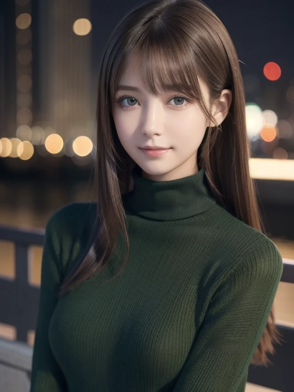 one 19 year old girl, (Dark green turtleneck thin sweater), Raw photo, highest quality, photorealistic, very delicate and beautiful, very detailed, 8K wallpaper, High resolution, soft light, very detailed目と顔, beautifully detailed nose, detailed and beautiful eyes, cinematic lighting, night city lights, perfect anatomy, slender body, well-shaped chest, straight hair, smile, asymmetrical bangs, light brown hair