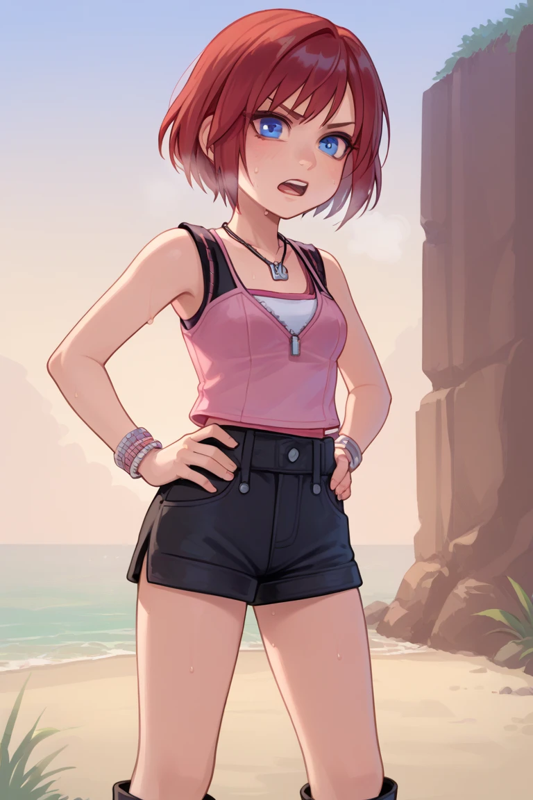 score_9, score_8_up, source_anime, highly detailed, 1girl, solo,
kairi, 1girl, solo, blue eyes, jewelry, boots, necklace, short hair, red hair, pink tanktop, black short shorts, half body,
outdoor, hands on hips, out of breath, sweaty, frustrated expression,  open mouth