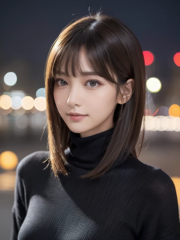 a girl, (Dark yellow turtleneck thin sweater), Original photo, Best Quality, Realistic, very delicate and beautiful, Very detailed, 8K wallpaper, High resolutionsoft light, Very detailed目と顔, delicate nose, Detailed and beautiful eyes, cinematic lighting, city lights at night, perfect anatomy, slender figure, Breasts in good shape, Straight Hair, Smile, Asymmetric bangs, hazel hair