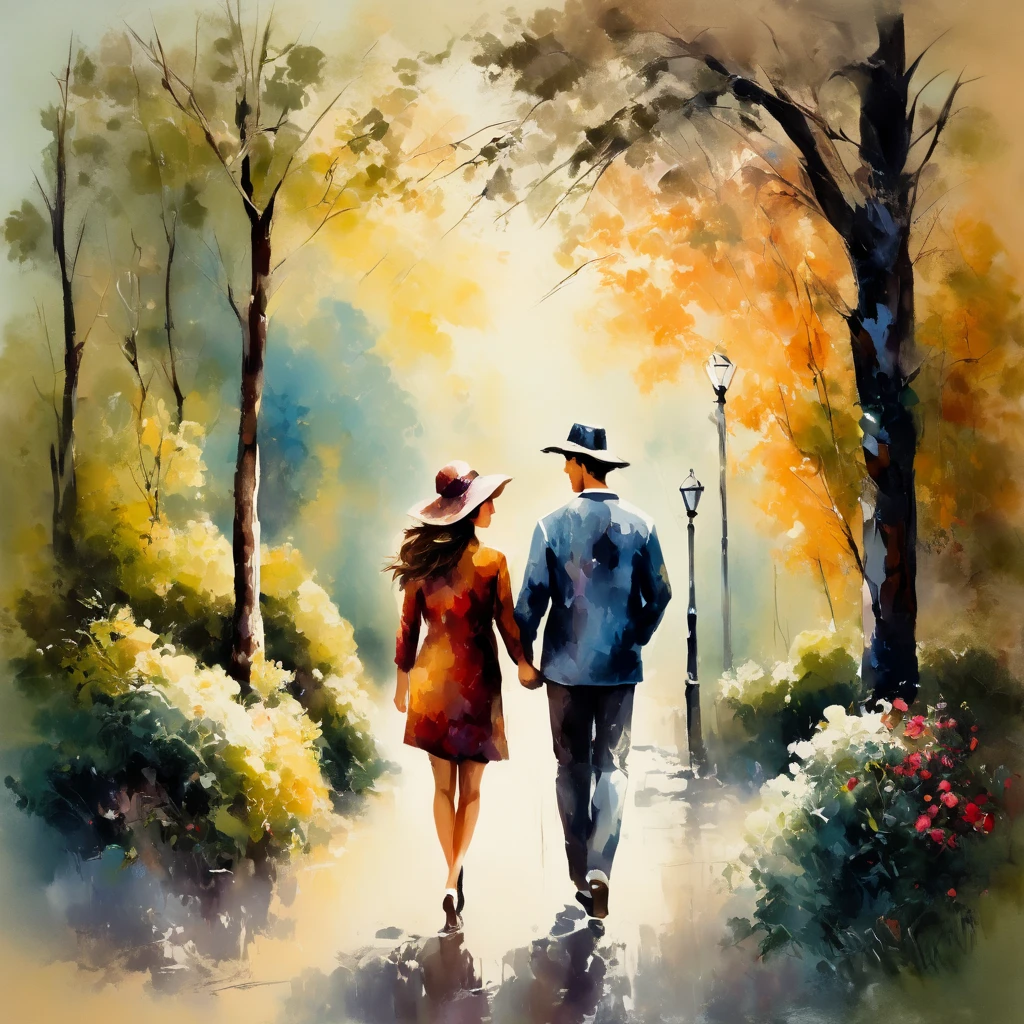 A couple walking in the park, a thick textured oil painting, imposed brush strokes, dry brush, revealing under layers, soft lighting, soft earth tones, bright face colors, masterpiece, create an oil painting. using thick, expressive brush strokes and a soft color palette.  a thick textured oil painting, imposto brush strokes, dry brush, revealing lower layers,Muy detallado, Modelo HD, 