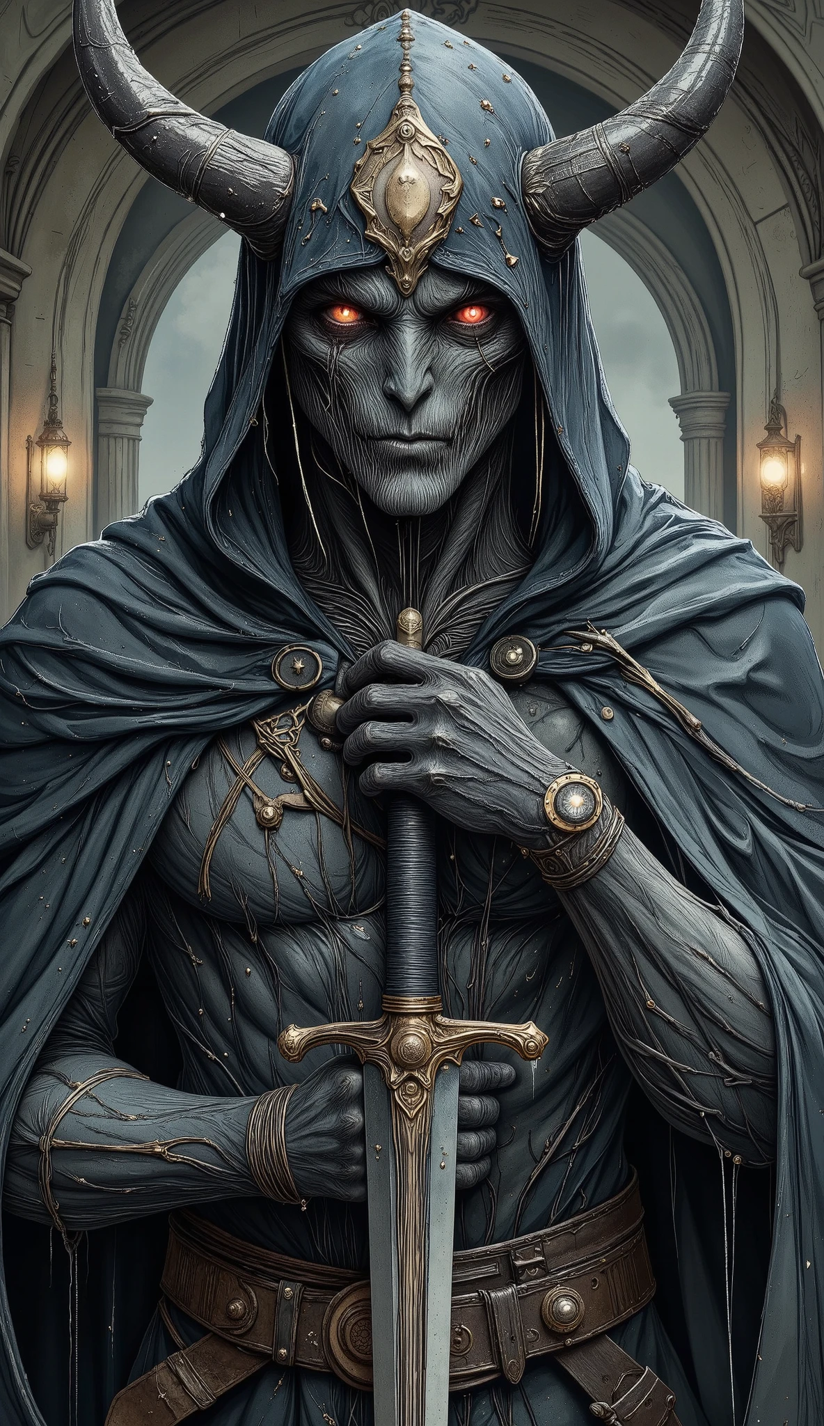 A close up of a person with a horned head and a sword., al estilo del dark fantasy art, dark fantasy art, Dark Cloak Necromancer, Hermoso dios de la muerte masculino, dark priest , Dark Hooded Spectre, hidden cyberpunk, Dark art style,   highly detailed dark art  ,  dark fantasy illustration , ,  Bloodborne art 