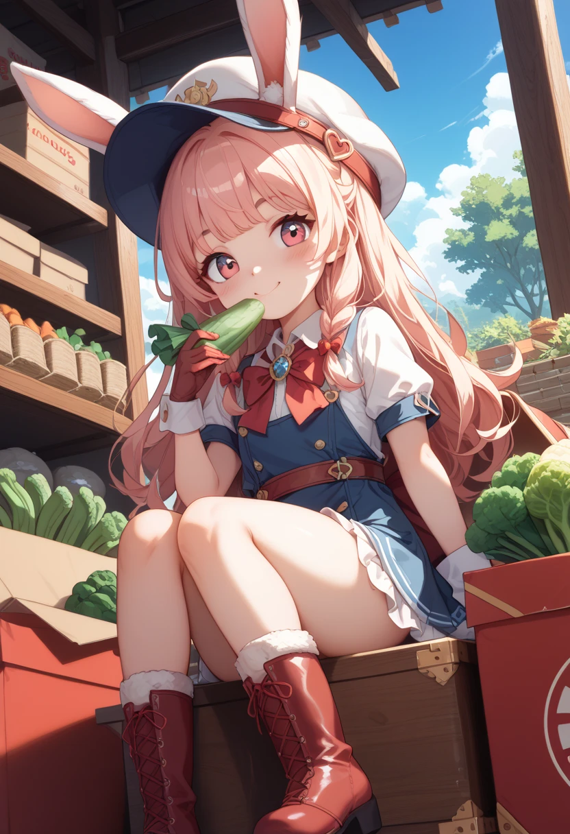 score_9、score_8_ up、score_7_ up、masterpiece、 top quality 、１ cute girl、Bouncy low twin、hot bangs 、Work Clothes with Fur  、hat、gloves、 boots、 miniature rabbit delivery man is delivering vegetable boxes 、 complete box 、Puzzle box 、 heaps of sparkling vegetable boxes 、 high res