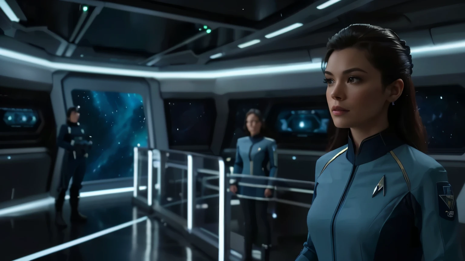 a woman in a blue uniform standing in a room with a group of people, in a scifi movie, from a 2 0 1 9 sci fi 8 k movie, from star trek 2021, depicted as a scifi scene, [ cinematic, new scifi movie, looking at spaceships at dock, dark sci - fi movie scene, in the style star trek 8 k