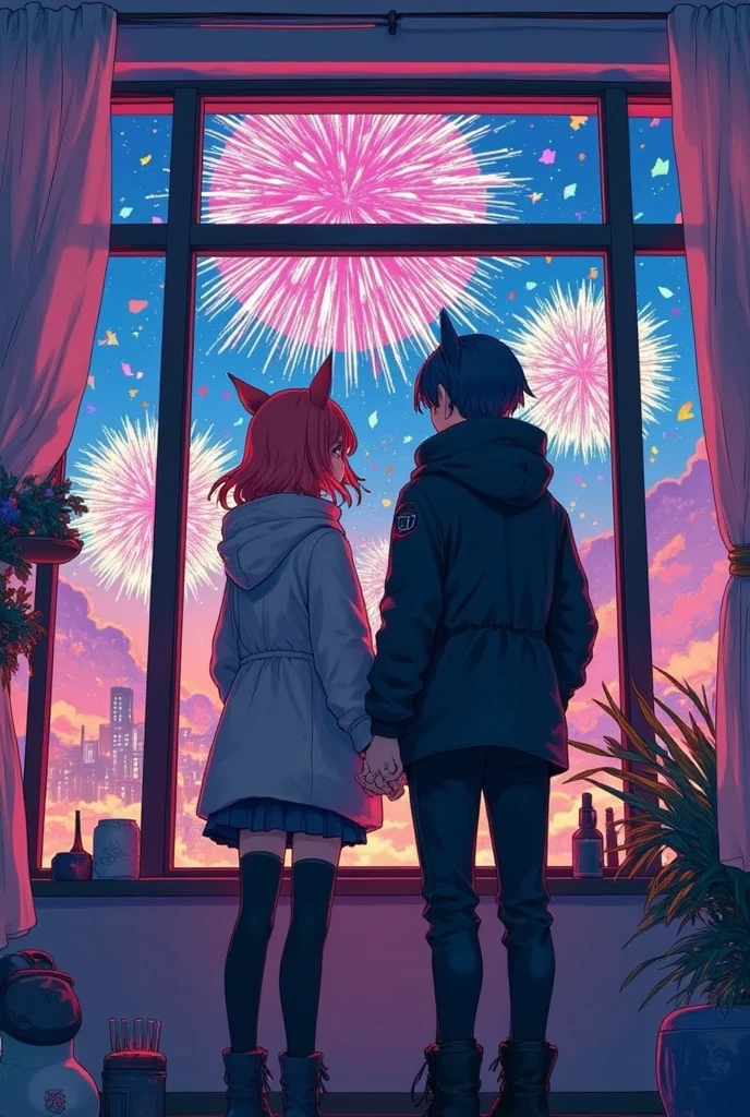 (masterpiece, top quality :1.2),a couple,look up sky,beautiful hands,winter,snowy dark night,very small  year party,a cute cat-eared girl/(red-brown hair,casual room wear),a human boy/(normal human,black hair,casual room wear),they stand side by side,they are looking at out side of the window,beautiful fire works,Hand-drawn illustration, Intense colors, stylish anime,peaceful moment,safe for work