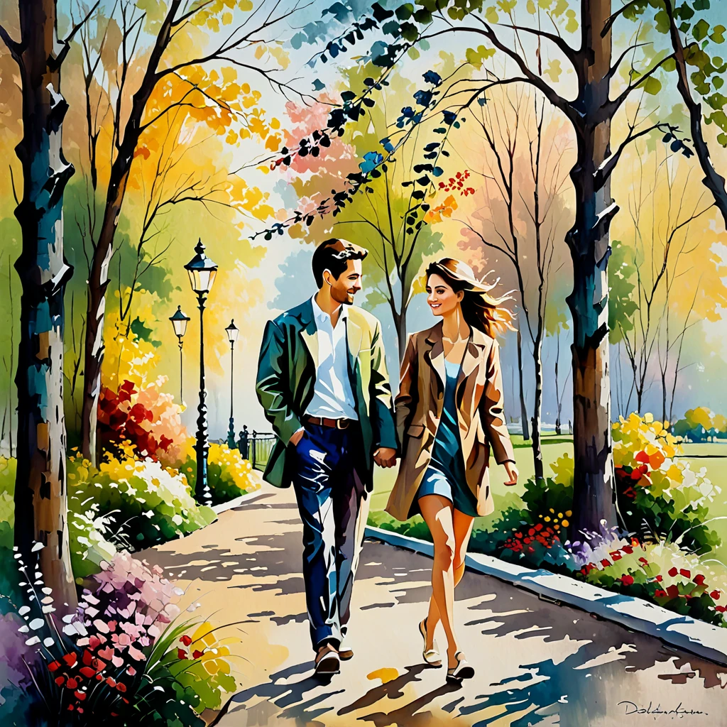 A couple walking in the park, a thick textured oil painting, imposed brush strokes, dry brush, revealing under layers, soft lighting, soft earth tones, bright face colors, masterpiece, create an oil painting. using thick, expressive brush strokes and a soft color palette.  a thick textured oil painting, imposto brush strokes, dry brush, revealing lower layers,Muy detallado, Modelo HD, 