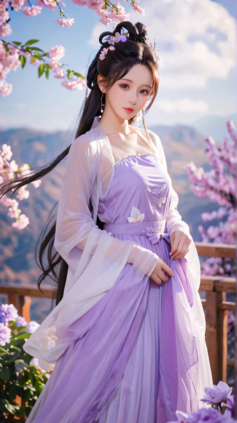 best quality, Delicate face,beautiful visual work, lifelike, eternity, black hair, Long curly hair, blunt bangs, Smile, Detailed Background, Delicate face,blush,cold,((masterpiece))、(top quality)、8k、high detail、Super detailed,31 years old female,Wearing Tang Dynasty Hanfu、waist skirt, Clothes are light and fluffy,Hanfu, wide sleeves, Transparent sleeves, Tunic, Clothes made of chiffon, Seductive and whimsical style、masterpiece、born、Scenes resembling fairy tale illustrations、Intricate details and complex designs、Beautifully、magic、capricious、 Beautifully、Dream aesthetics、「𝓡𝓸𝓶𝓪𝓷𝓽𝓲𝓬、ethereal、charming、fickle、magic」、Realism、Visual effects、FXAA、SSAO、Shaders、voiceless、ambient lighting、Tone mapping、High resolution、Ultra high quality、Million pixels、(8K resolution:1.10)、8k、Below 8K、8K resolution、high detail、intricate details, (high quality:1.2、masterpiece:1.2、:1.21)、(31 years old female:1.21)、(Smile excitedly)、(Surrounded by a dream-like atmosphere、Model diagram,full-body shot,Normal 2 feet,Put your hands behind you,The protrusion of the breast is visible when wearing clothes, Large Breasts, H cup chest, antiquity, Xian Xia, gauze clothes, Soft and fluttering, Fairy, dream, fantasy, light, elegant, nature, Immortal, romantic, classical, ribbon, light purple clothes, By the stream