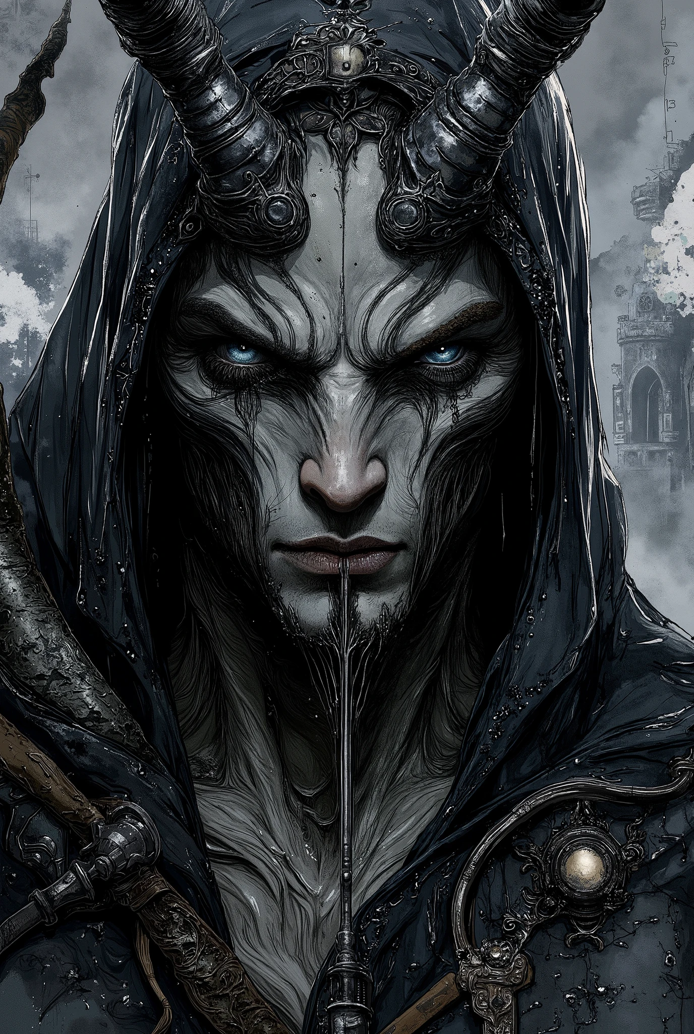 A close up of a person with a horned head and a sword., al estilo del dark fantasy art, dark fantasy art, Dark Cloak Necromancer, Hermoso dios de la muerte masculino, dark priest , Dark Hooded Spectre, hidden cyberpunk, Dark art style,  highly detailed dark art ,  dark fantasy illustration ,  Bloodborne art , chiaroscuro, Cinematic Lighting, dithering, UHD, Retina, masterpiece, Accurate, anatomically correct, textured skin, Super detail, high details, high quality,  award winning , best quality, highres, 1080P, HD, 16K