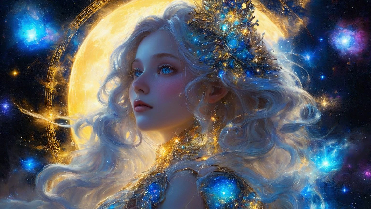 a glamour picture shot, of an elite model covered in stars, walking on a (dark catwalk: 1.2), an extraordinary glamourous elite female model, ((full body: 1.5)),  ((anatomically correct: 1.5), (ultra detailed face: 1.2), best detailed face, yrllow hair, long hair, lush hair, glam hair cut, blue eyes, delicate face, light make up, wearing intricate detailed dress, glamour dress, haute couture dress, elite fashion dress, black as night dress, decorated with bright stars, starlight,  small cleavage, wearing high heels, elegant high heels, she wears diamond necklace, she is glows in a soft starry light, she walks on (asteroid catwalk: 1.2), elite fashion show background, vibrant, Hyperrealism style, vibrant, Ultra-high resolution, High Contrast, (masterpiece:1.5), highest quality, Best aesthetics), best details, best quality, highres, ultra wide angle, 16k, [ultra detailed], masterpiece, best quality, (extremely detailed) RAW, chumbasket art style, photograph, photograph