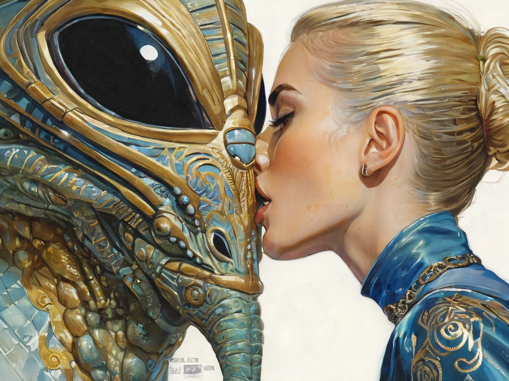 A beautiful and aristocratic 20-year-old blonde Swedish woman wearing a blue silk tunic with ornate gold and silver filigree kissing a scaled alien creature. Pulp science fiction style, watercolor, raypunk, cyberpunk, by Norman Saunders, by Chris Foss , (clear lines:1), by Simon Stålenhag, by Virgil Finlay, by H.R. Geiger, face restoration. (simple background :1.5) crisp vibrant detailed soft painterly digital art, volumetric lighting, natural lighting, realistic lighting, vibrant colors, crisp oil painting, painterly realism, depth of field, subtle soft details, vivid, fresh, striking, by darkgem, by anhes, by dagasi, by atey ghailan, by MilletGustave, by Curbet, by Charlie Bowater, lol art. vintage pulp art, by Earle K. Bergey, by Kelly Freas, by Alex Schomburg, by H. J. Ward, glossy pulp art, Amazing Stories, Weird Tales, 8k, high resolution, best quality 