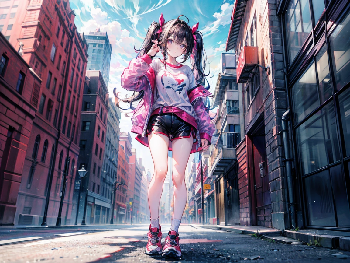 Full body view, woman standing confidently, 8K resolution, high detail, around 20 years old, (one female:1.5), vibrant-colored hair, twin tails, straight eyebrows, sanpaku eyes, upturned eyes, vivid pink irises, simple outfit, unique t-shirt, black shorts, sneakers, big city:1.0, buildings, bright blue sky, vivid color, ((UHD, masterpiece, super detail, best quality, highres, 8k)), (detailed line art), {perfect face, perfect body, perfect hands, perfect feet}