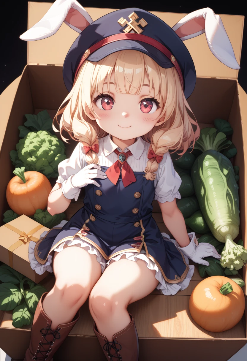 score_9、score_8_ up、score_7_ up、masterpiece、 top quality 、１ cute girl、Bouncy low twin、hot bangs 、Work Clothes with Fur  、hat、gloves、 boots、 miniature rabbit delivery man is delivering vegetable boxes 、4U Box、 complete box 、Puzzle box 、 heaps of sparkling vegetable boxes 、 high res