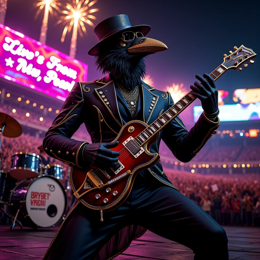 Muscular Anthropomorphic raven donned in intricate black suit with gold trim made of diamonds and a black diamond fedora. Diamonds cover his beak. Dynamically singing and guitar playing. Wears large sunglasses. Obsidian, the lead singer and guitarist of the "Obsidian Flow Project", printed on the bass drum. Dynamically sings to a retro style microphone while dynamically playing his guitar. Spotlight on him. Light show. Big Band Style. Behind the open air stage, a neon sign says "Live from Club Pearl". Fireworks burst. New Years Eve stadium concert, with a huge realistic crowd cheering at him. Facing the crowd. The phrase "Happy New Year, MAB!!!" flashes on the stadium jumbotron. Dynamic blues band scene, dynamic pose, High Resolution, Masterpiece, Cinematic, Character Design, Hyperdetailed, Cinematography,  cinematic lighting, Depth Of Field, Sparkle, Ray Tracing, Image Fill, Realistic posing