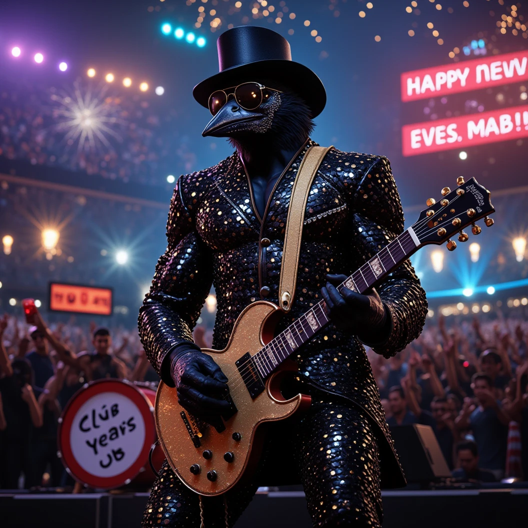 Muscular Anthropomorphic raven donned in intricate black suit with gold trim made of diamonds and a black diamond fedora. Diamonds cover his beak. Dynamically singing and guitar playing. Wears large sunglasses. Obsidian, the lead singer and guitarist of the "Obsidian Flow Project", printed on the bass drum. Dynamically sings to a retro style microphone while dynamically playing his guitar. Spotlight on him. Light show. Big Band Style. Behind the open air stage, a neon sign says "Live from Club Pearl". Fireworks burst. New Years Eve stadium concert, with a huge realistic crowd cheering at him. Facing the crowd. The phrase "Happy New Year, MAB!!!" flashes on the stadium jumbotron. Dynamic blues band scene, dynamic pose, High Resolution, Masterpiece, Cinematic, Character Design, Hyperdetailed, Cinematography,  cinematic lighting, Depth Of Field, Sparkle, Ray Tracing, Image Fill, Realistic posing